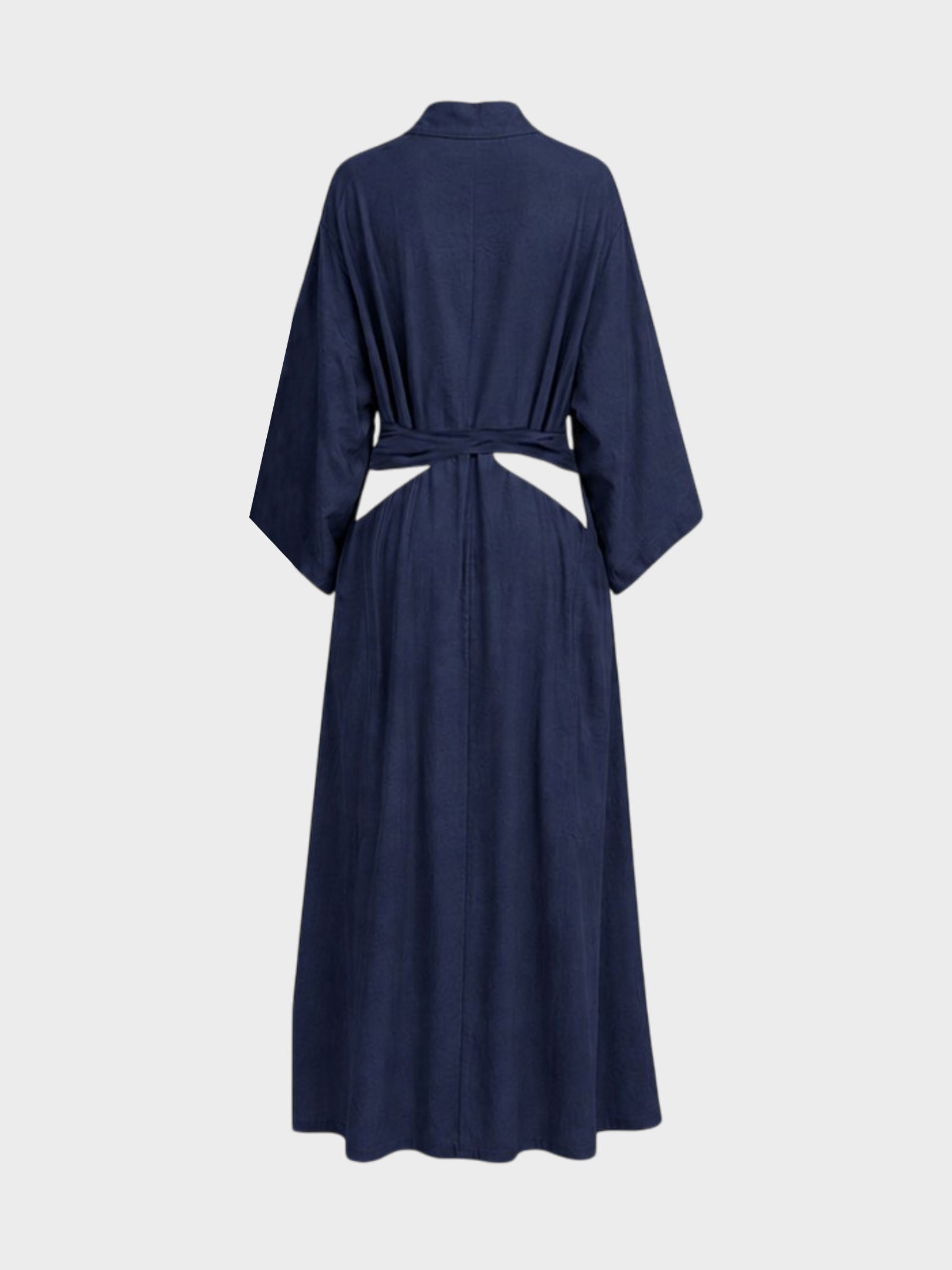 Kadın, Bayan Beli Bağlama Detaylı Keten Kimono - İndigo Kategorisiz Modelleri