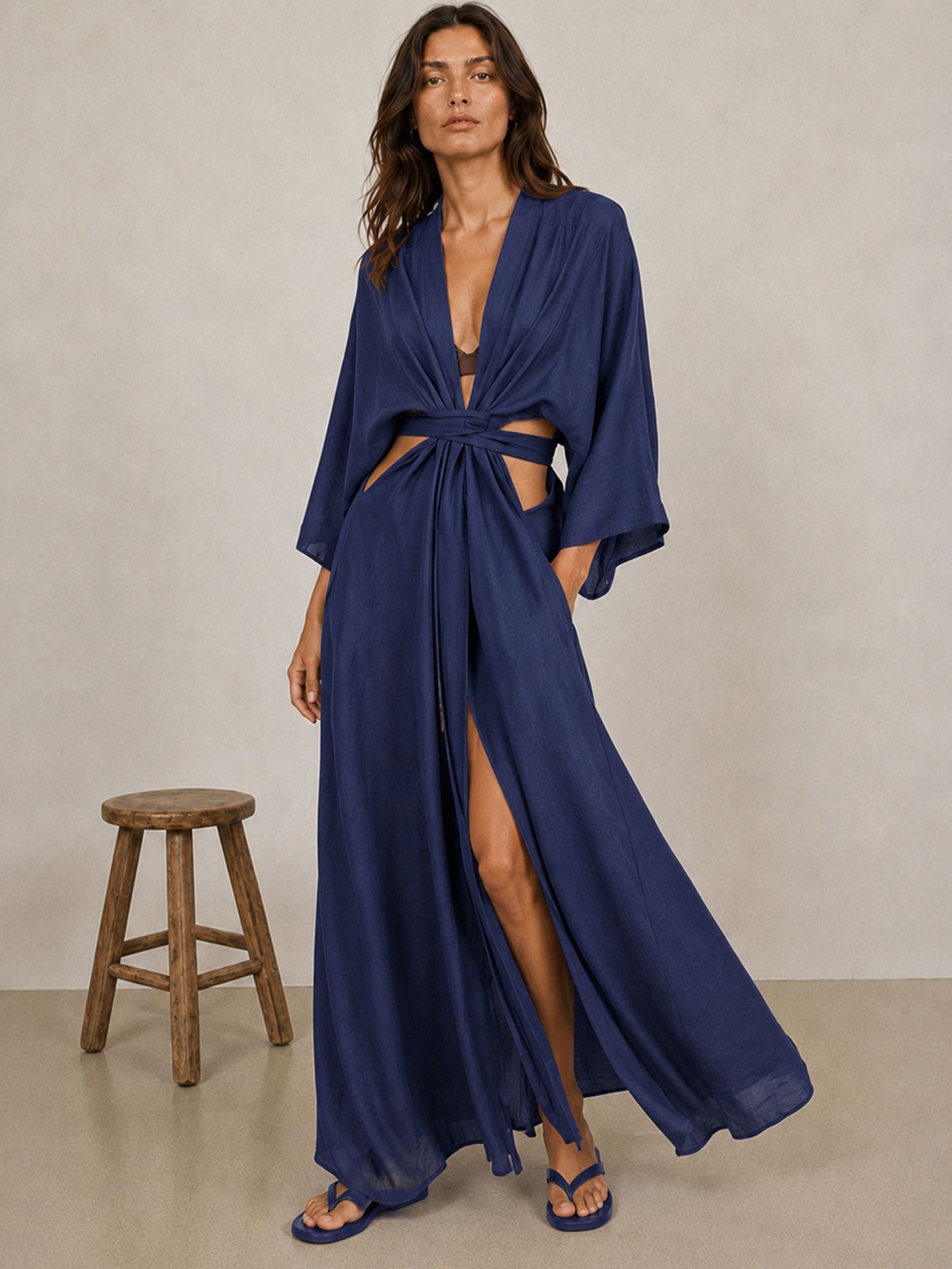 Kadın, Bayan Beli Bağlama Detaylı Keten Kimono - İndigo Kimono & Pareo Modelleri