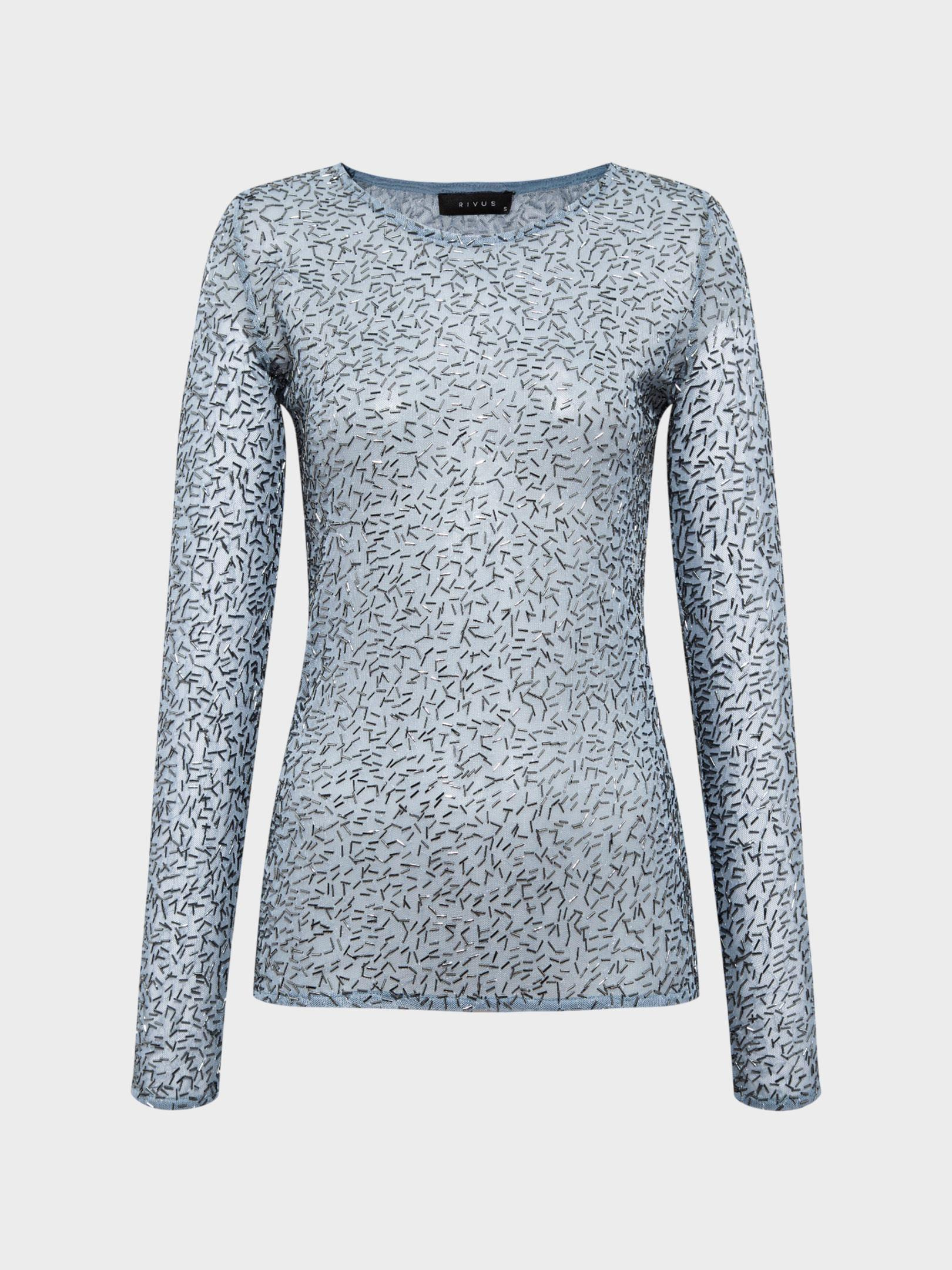 Kadın, Bayan Bisiklet Yaka Boncuk Taş Detaylı  Uzun Kollu Transparan Bluz - Mavi Bluz Modelleri