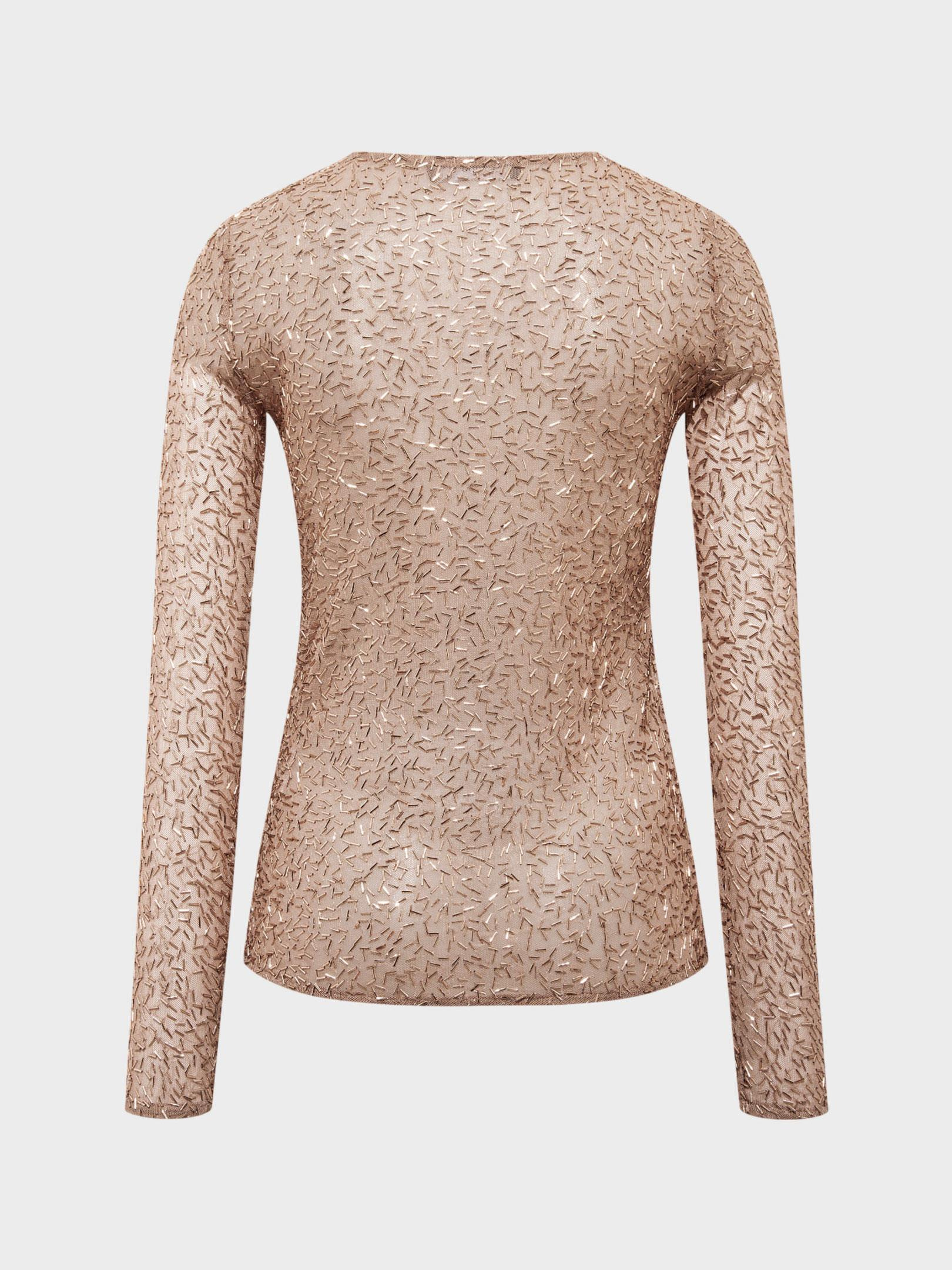 Kadın, Bayan Bisiklet Yaka Boncuk Taş Detaylı  Uzun Kollu Transparan Bluz - Bakır Bluz Modelleri