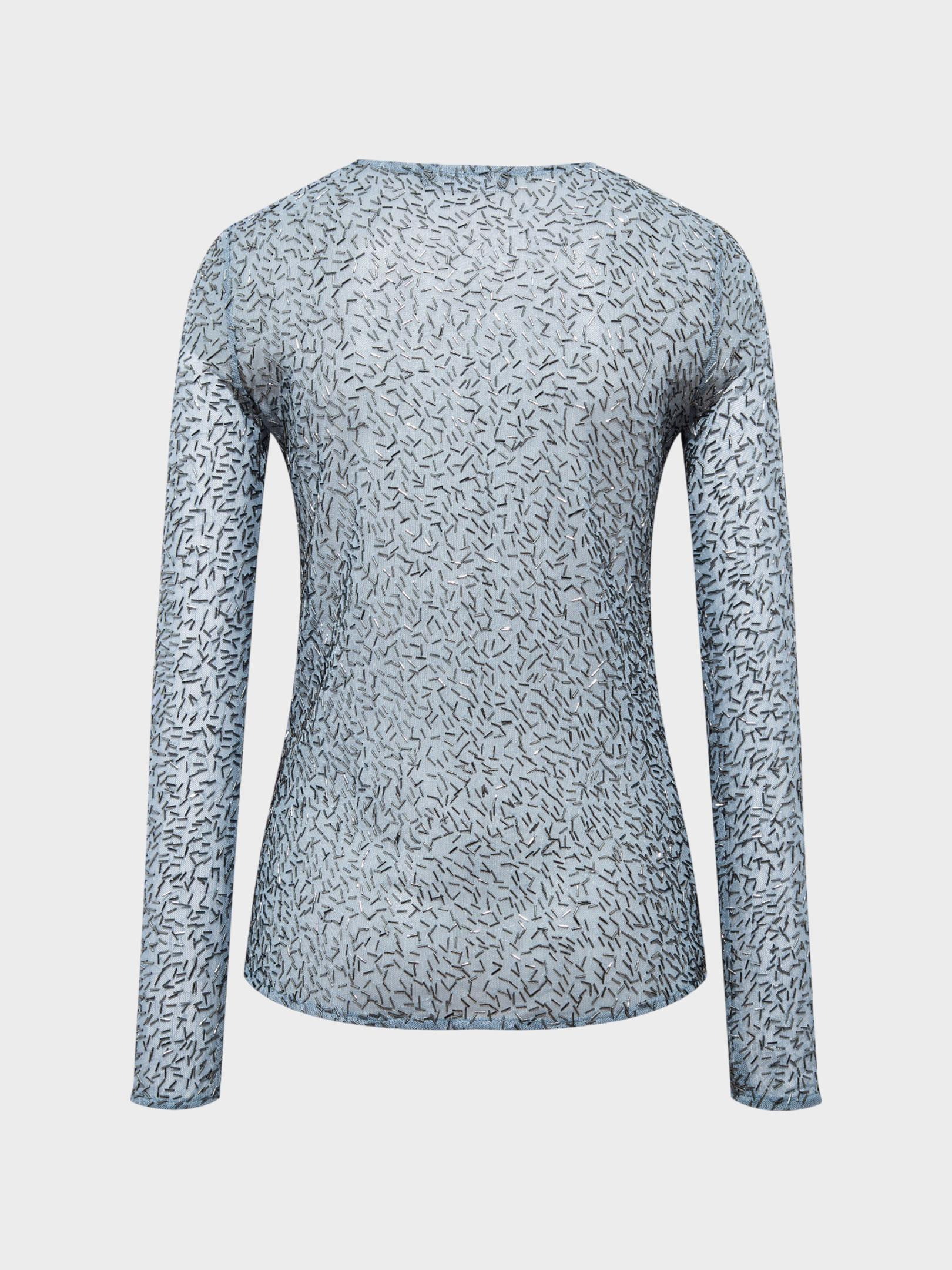 Kadın, Bayan Bisiklet Yaka Boncuk Taş Detaylı  Uzun Kollu Transparan Bluz - Mavi Bluz Modelleri