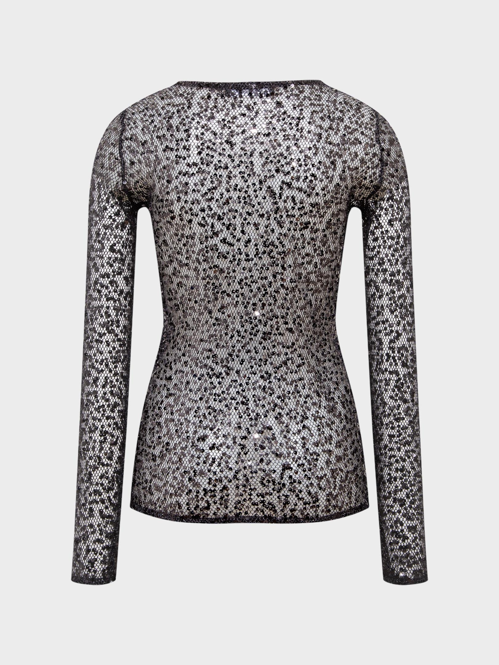 Kadın, Bayan Bisiklet Yaka Payetli File Kumaş Uzun Kollu Body Bluz - Siyah Bluz Modelleri