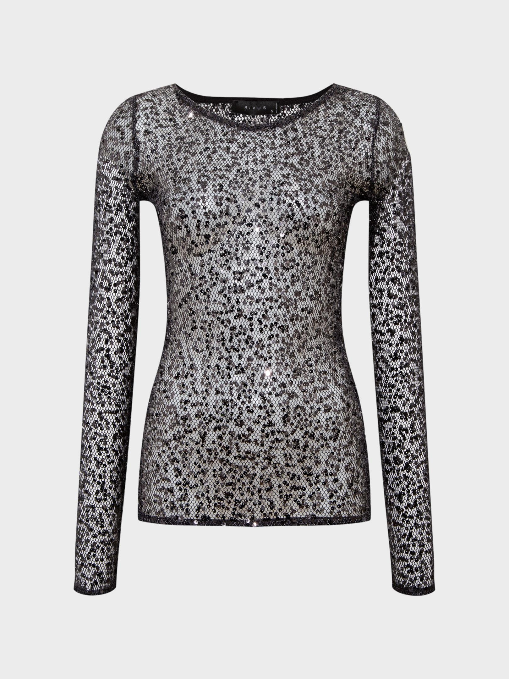 Kadın, Bayan Bisiklet Yaka Payetli File Kumaş Uzun Kollu Body Bluz - Siyah Bluz Modelleri