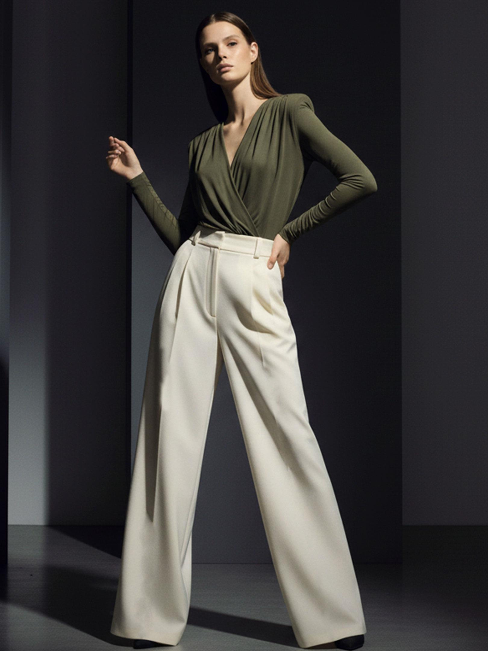 Kadın, Bayan Dökümlü Kesim Pile Detaylı Koton Kumaş Palazzo Pantolon - Ekru Pantolon Modelleri