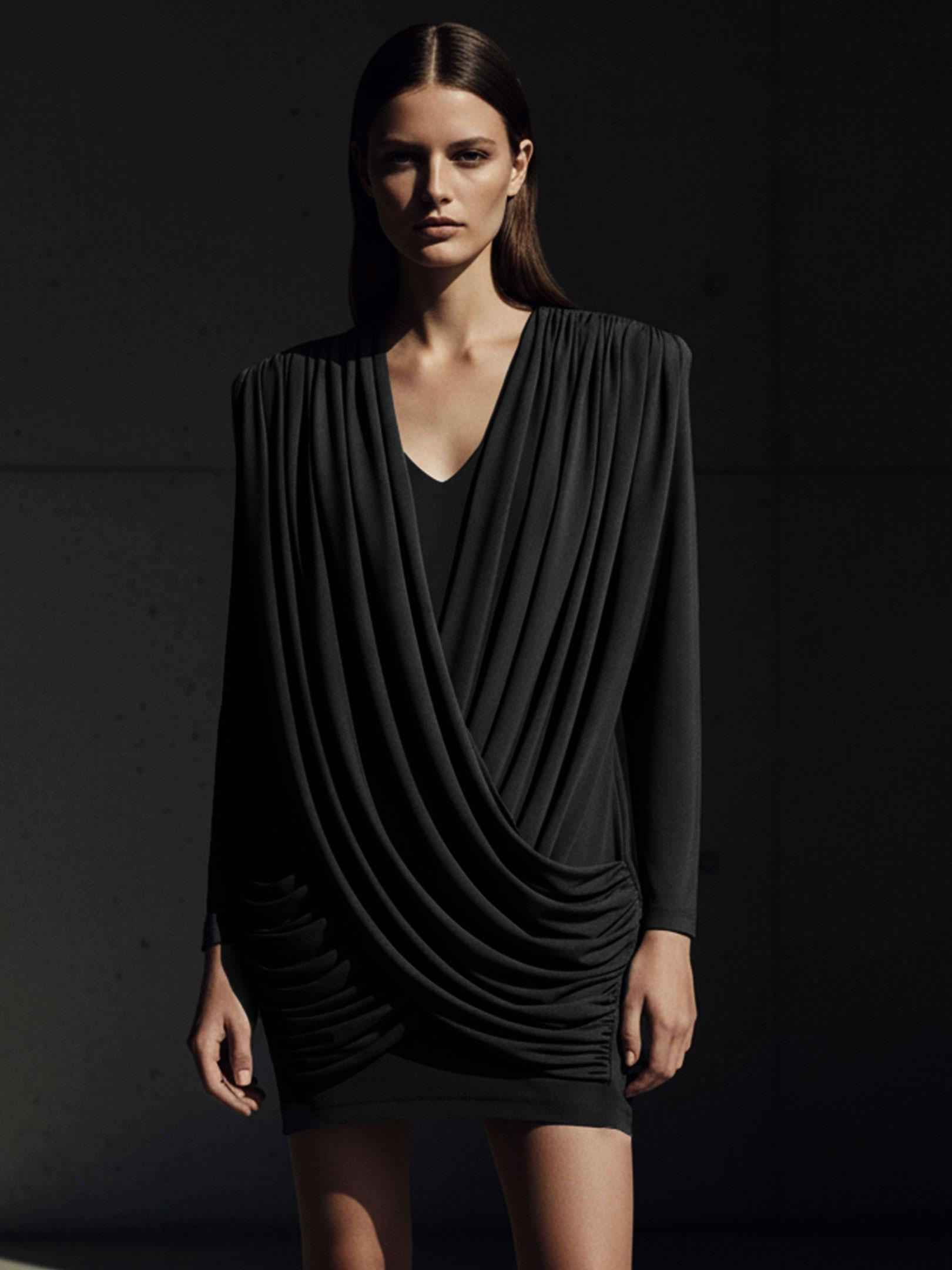 Kadın, Bayan Drape Detaylı Uzun Kullu V Yaka Mini Elbise - Siyah Elbise Modelleri