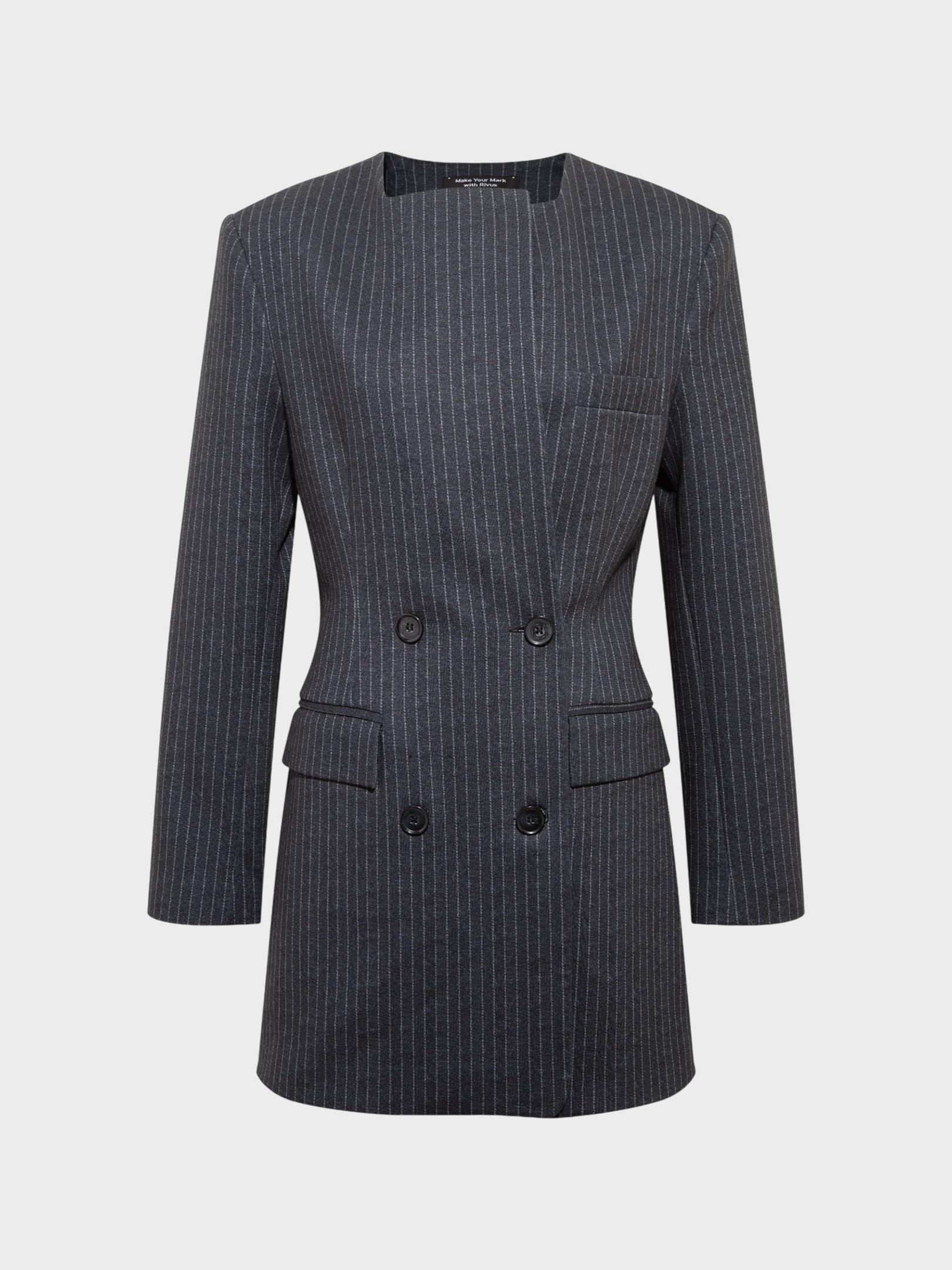 Kadın, Bayan Düğme Detaylı ve Dik Omuzlu Ceket Elbise - Gri Çizgili Elbise Modelleri
