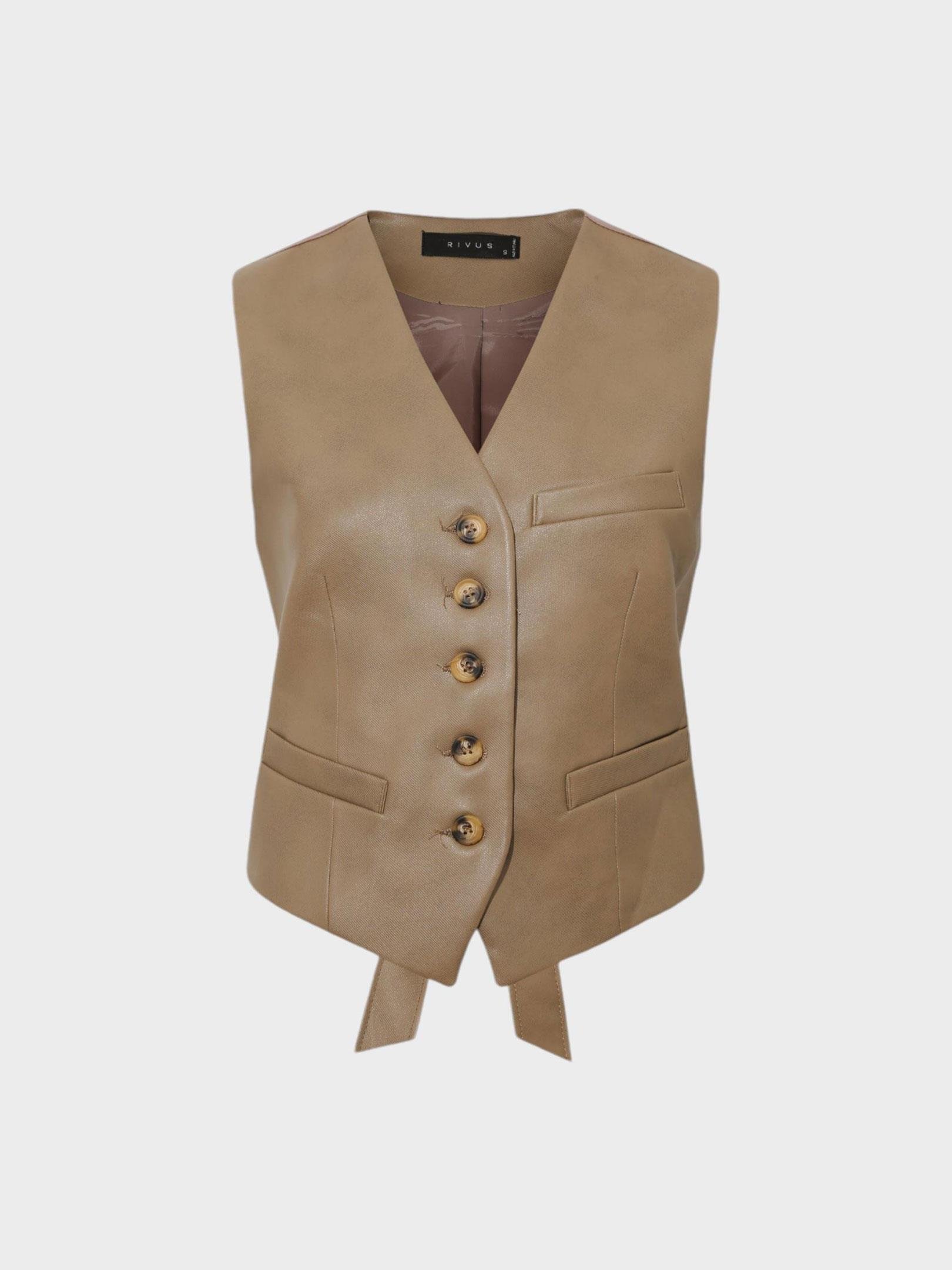 Kadın, Bayan Fleto Cep Detaylı Vegan Deri Yelek - Camel Yelek Modelleri