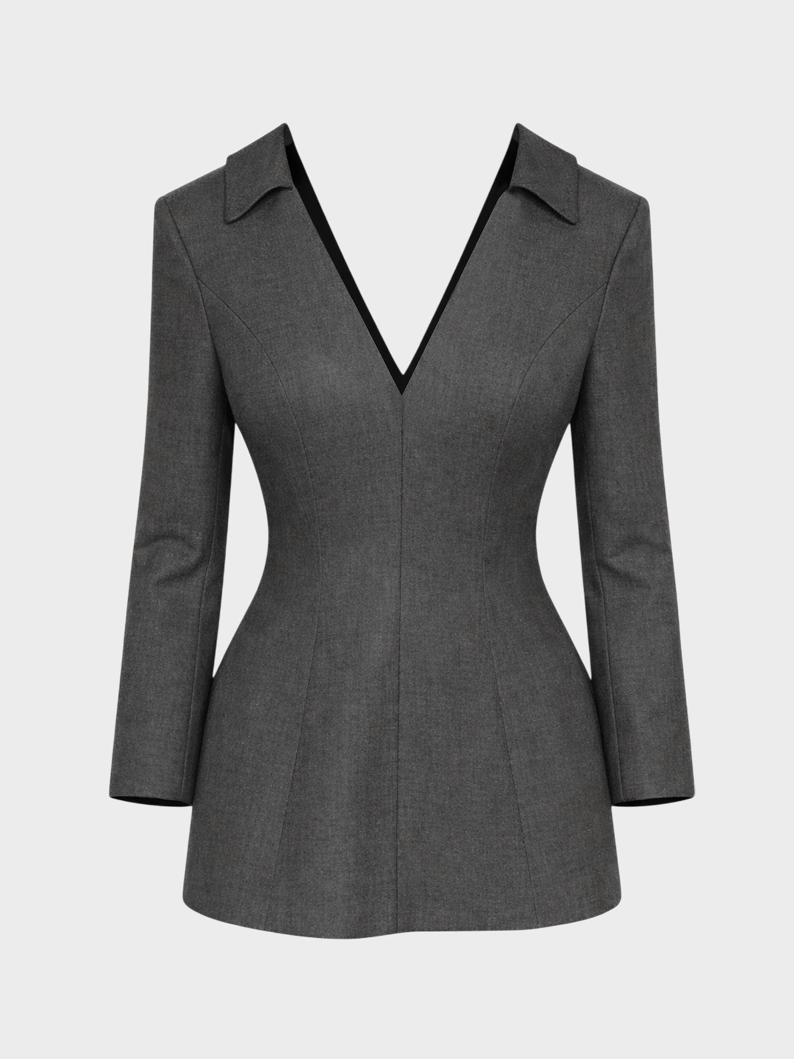 Kadın, Bayan Formlu Kesim Derin Yaka Detaylı Mini Elbise - Gri Elbise Modelleri