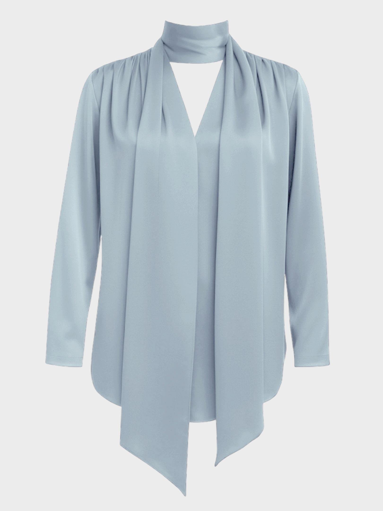 Kadın, Bayan Fular Yaka Saten Gömlek Bluz - Mavi Bluz Modelleri