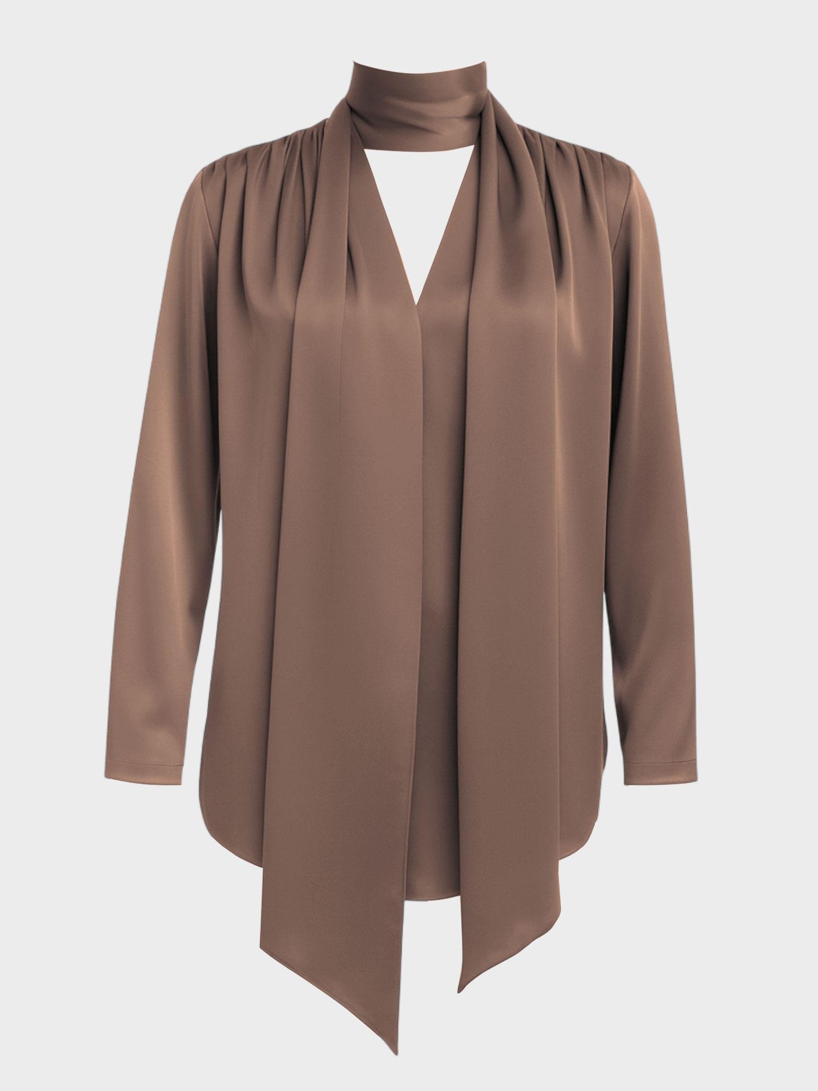 Kadın, Bayan Fular Yaka Saten Gömlek Bluz - Vizon Kategorisiz Modelleri