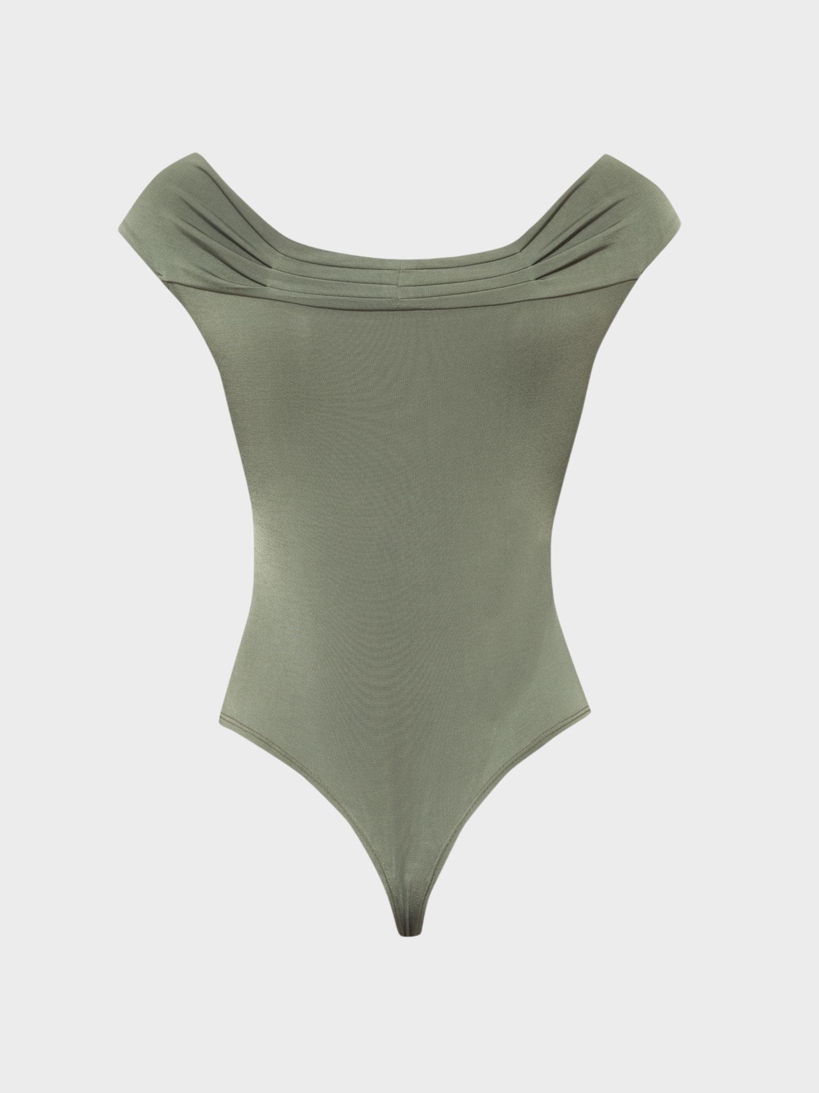 Kadın, Bayan Kayık Yaka Büzgü Detaylı Kolsuz Body - Haki Body Modelleri