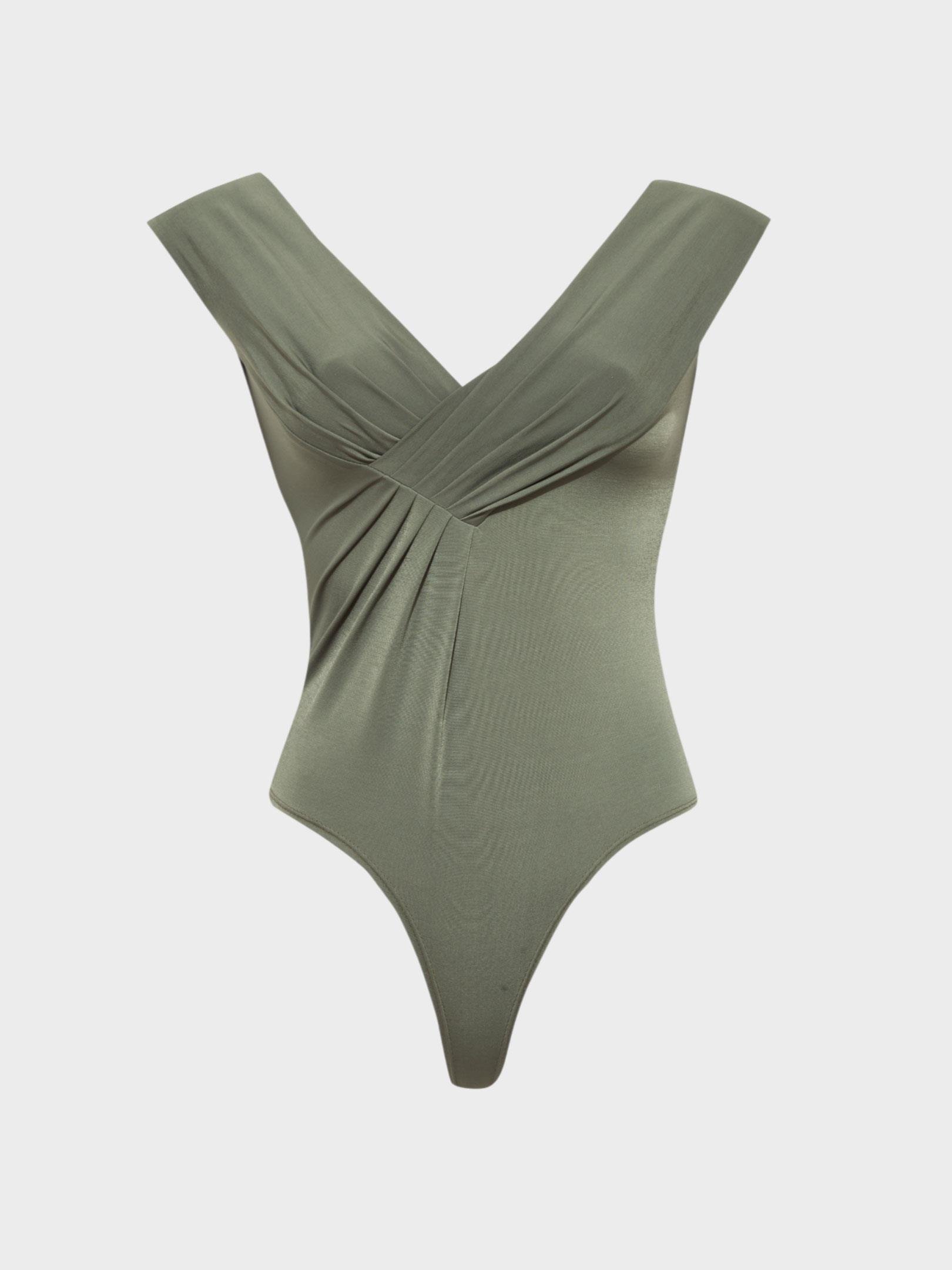 Kadın, Bayan Kayık Yaka Büzgü Detaylı Kolsuz Body - Haki Body Modelleri