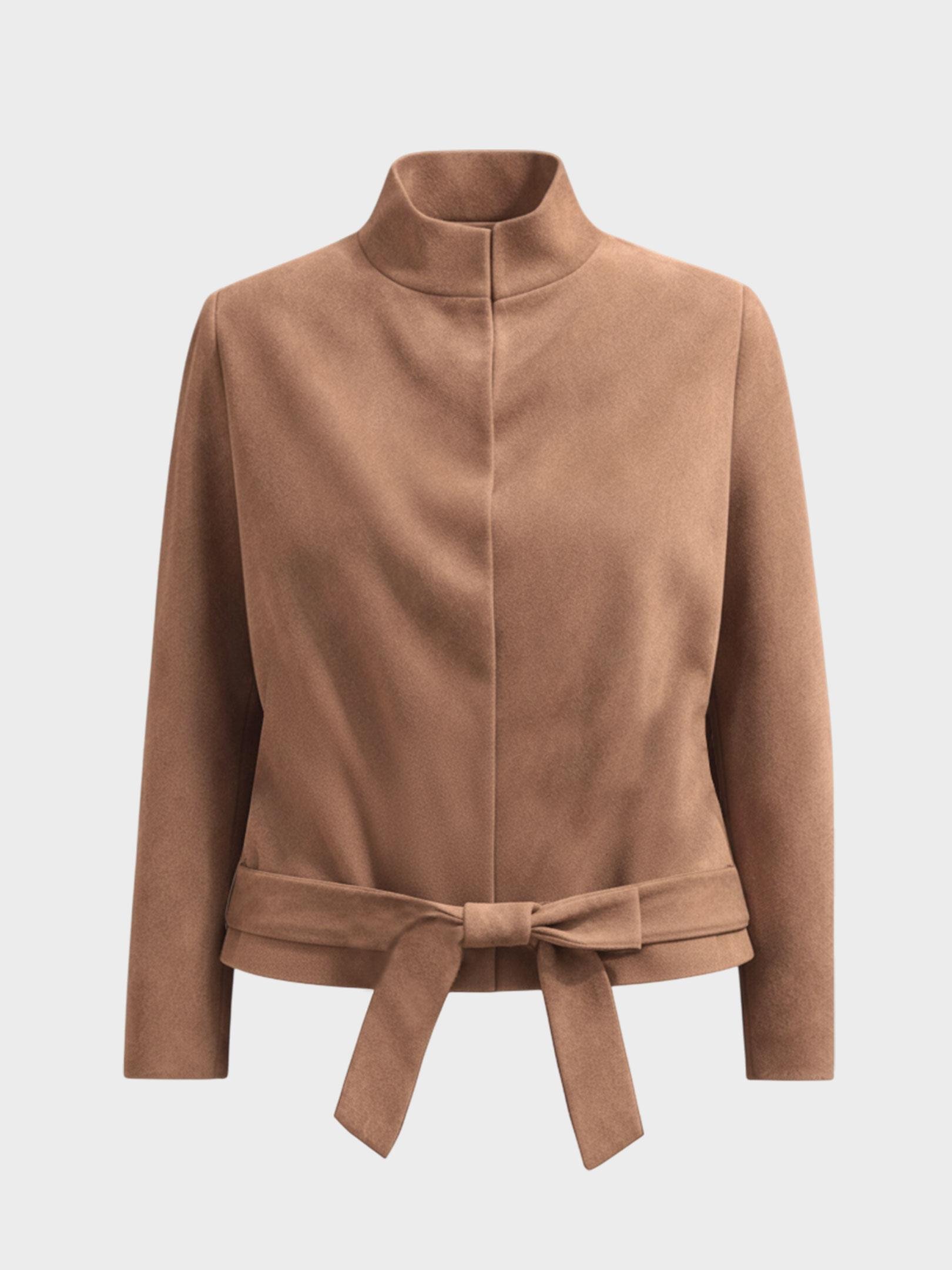 Kadın, Bayan Kemer Detaylı Dik Yaka Kısa Süet Ceket - Kahve Ceket Modelleri