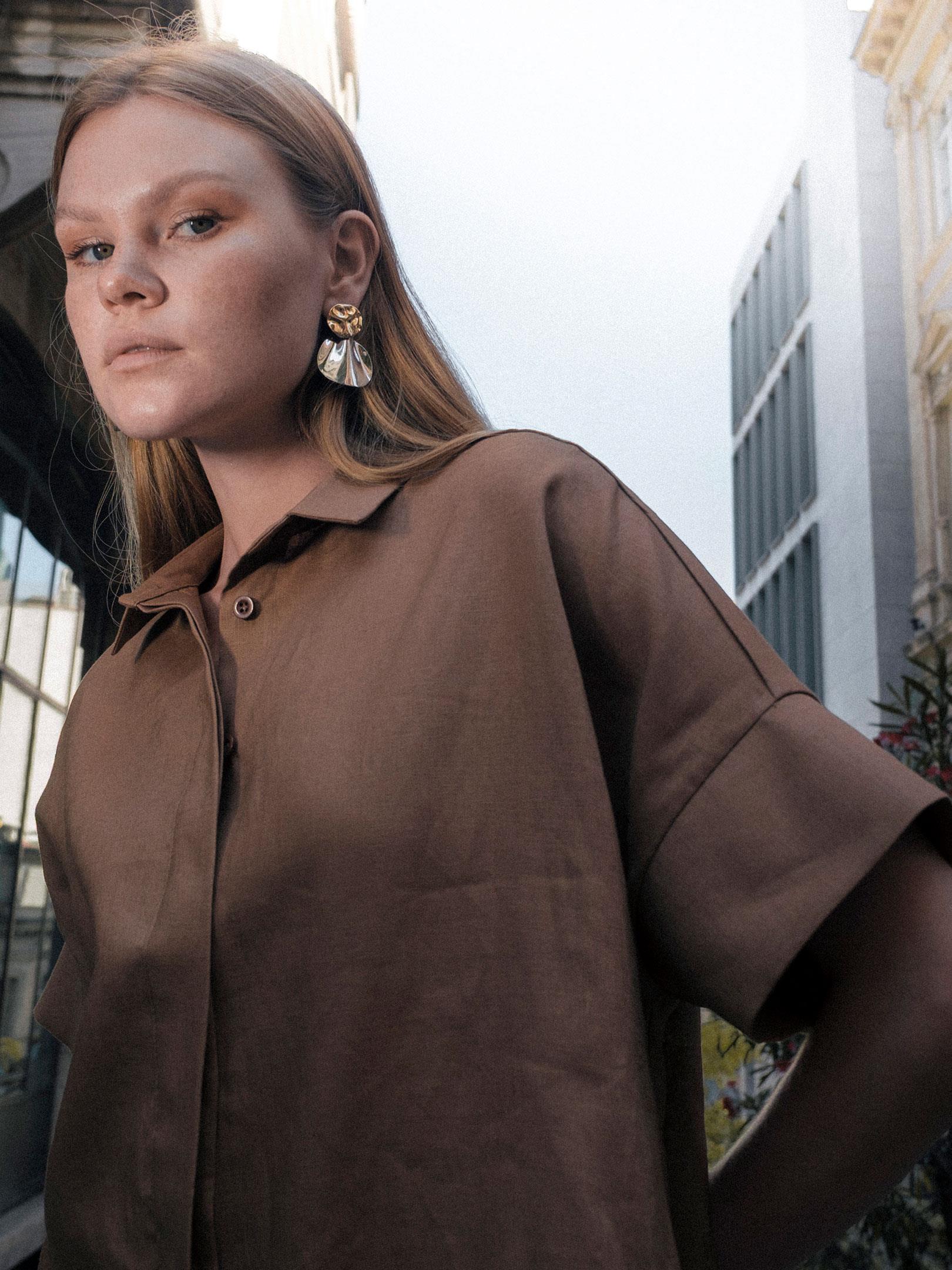 Kadın, Bayan Kısa Kollu Oversize Keten Gömlek - Kahve Gömlek Modelleri