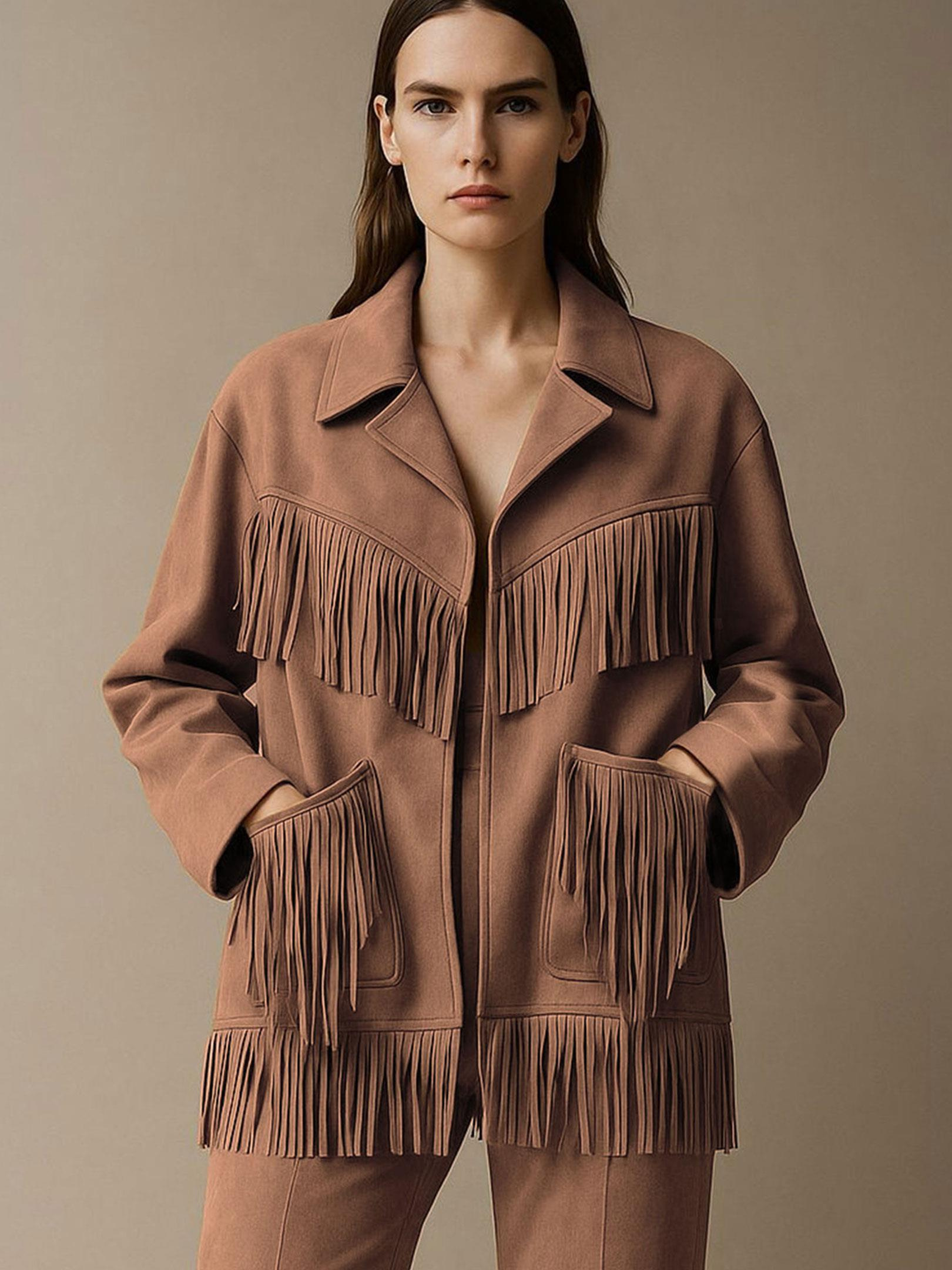 Kadın, Bayan Modern Form Püskül Detaylı Süet Ceket - Kahve Kategorisiz Modelleri