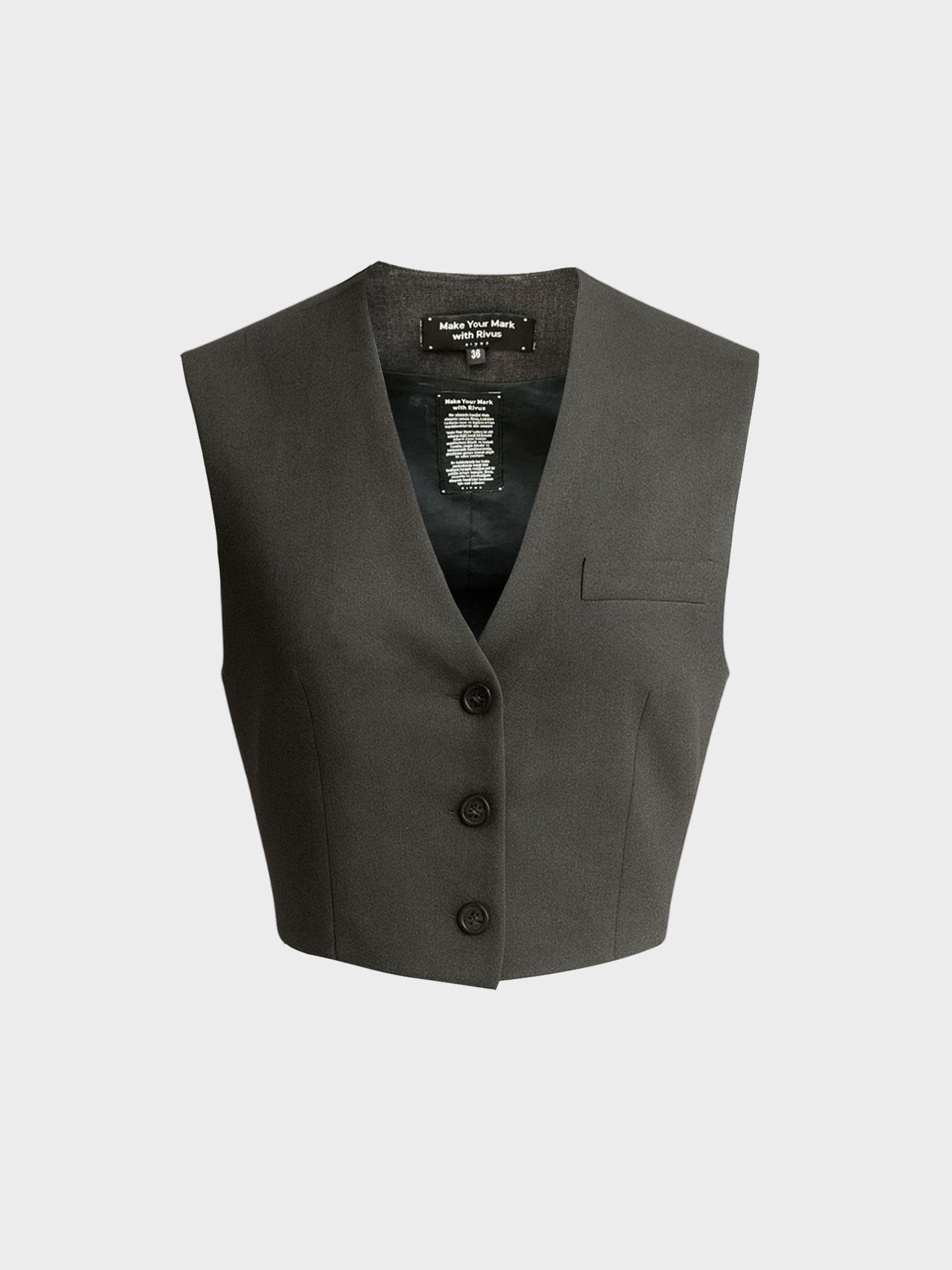 Kadın, Bayan Omuzları Vatka Detaylı Crop Yelek - Gri Yelek Modelleri