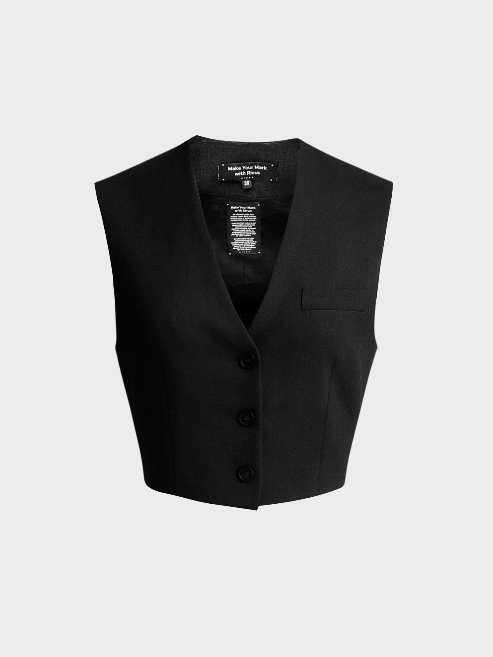 Kadın, Bayan Omuzları Vatka Detaylı Crop Yelek - Siyah Yelek Modelleri