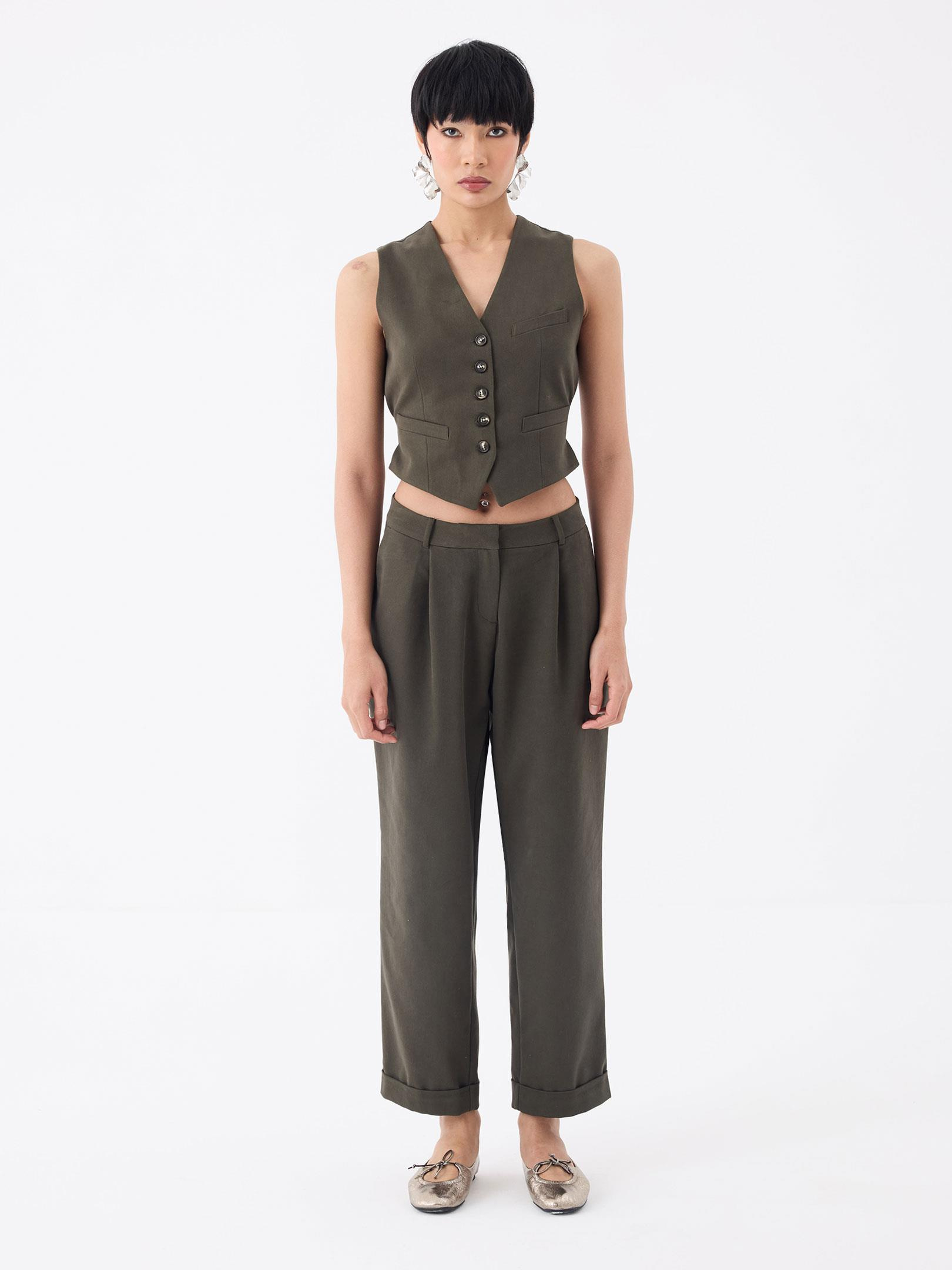 Kadın, Bayan Önü Pileli Duble Paçalı Salaş Kesim Pantolon - Haki Pantolon Modelleri