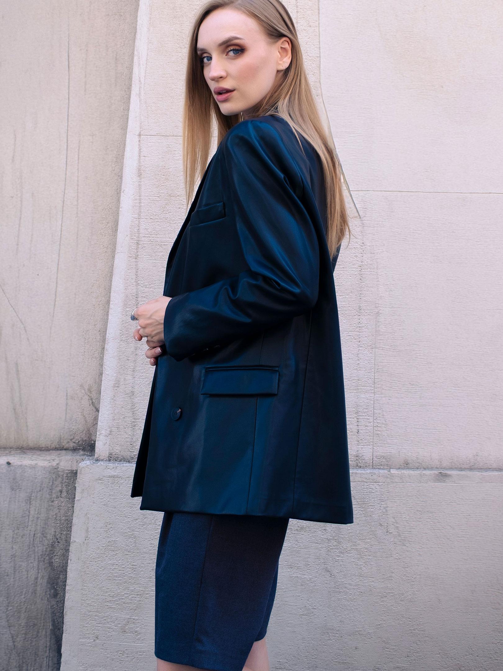 Kadın, Bayan Oversize Kruvaze  Kesim Deri Ceket - Siyah Vegan Deri Ceket Modelleri