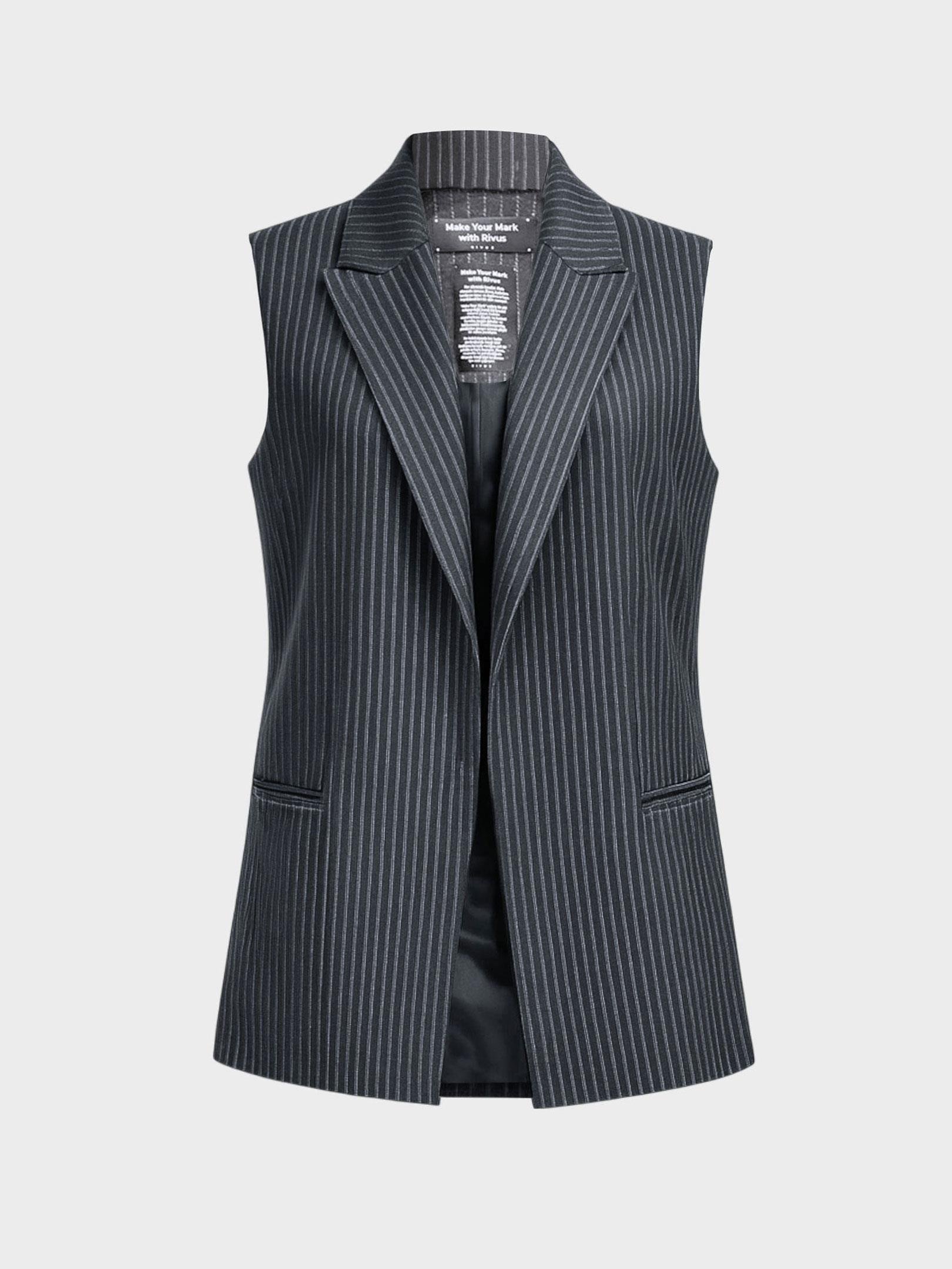 Kadın, Bayan Uzun Blazer Yelek - Gri Çizgili Ceket Modelleri