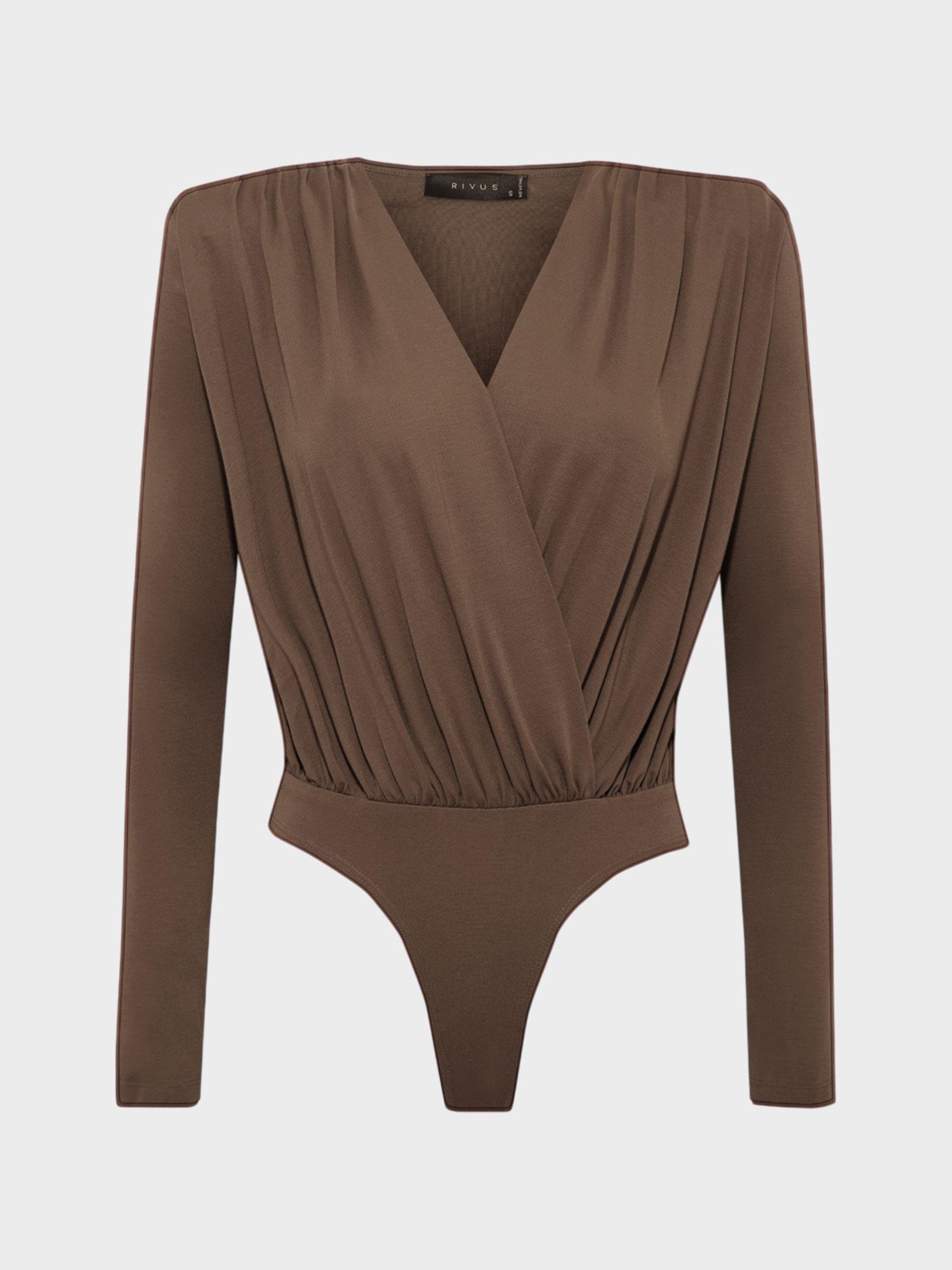 Kadın, Bayan V Yakalı Büzgülü Uzun Kollu Body - Kahverengi Body Modelleri