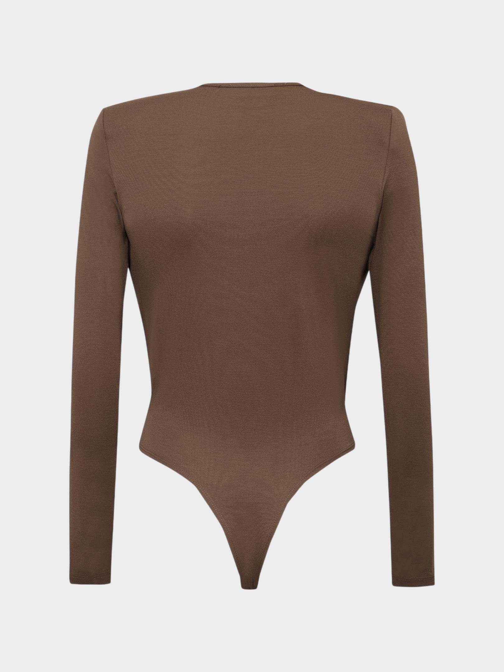 Kadın, Bayan V Yakalı Büzgülü Uzun Kollu Body - Kahverengi Body Modelleri