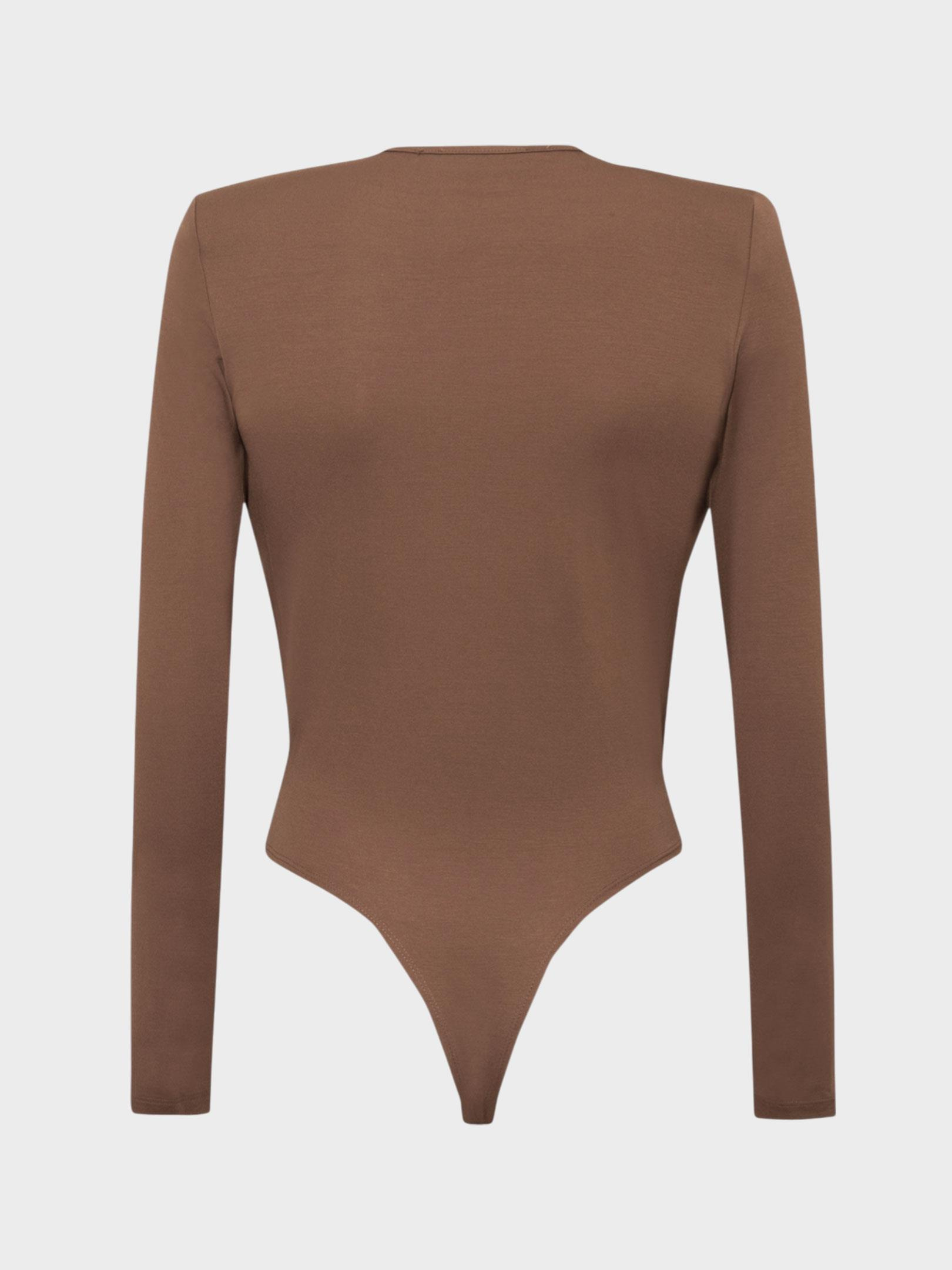 Kadın, Bayan V Yakalı Büzgülü Uzun Kollu Body - Vizon Body Modelleri