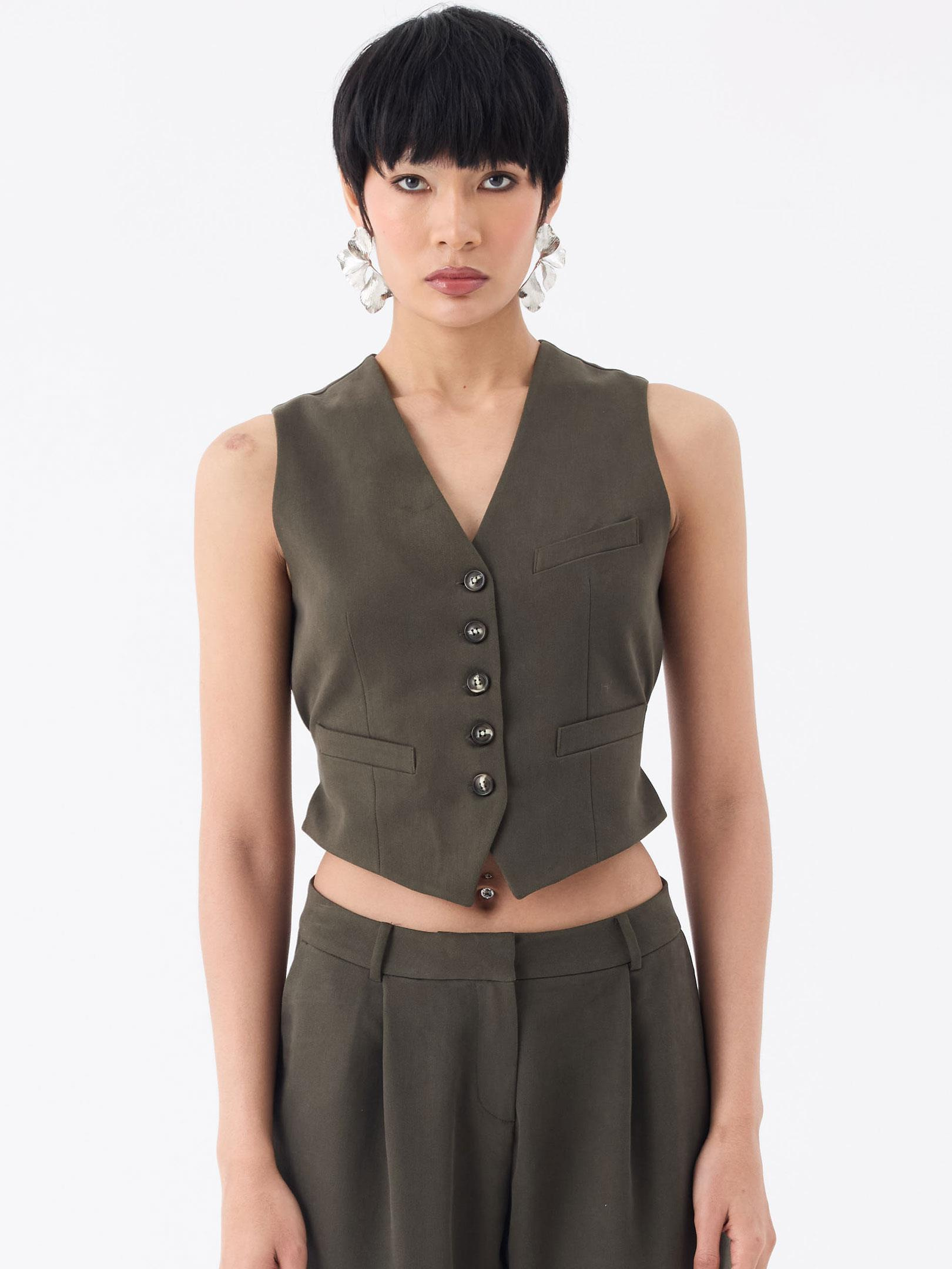 Kadın, Bayan V Yakalı Fleto Cep Detaylı Yelek - Haki Yelek Modelleri
