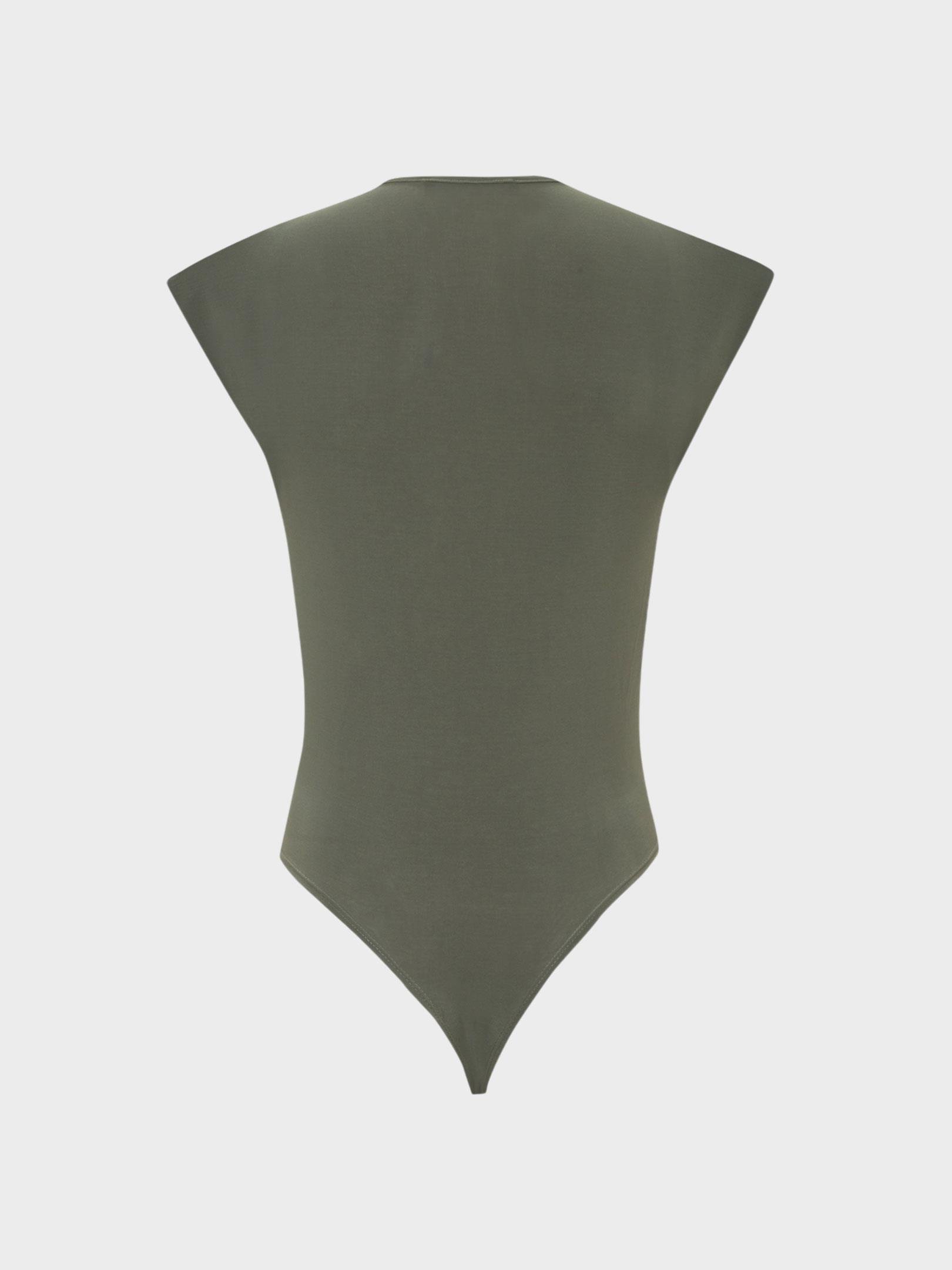 Kadın, Bayan V Yakalı Önü Büzgülü ve Omuzu Vatka Detaylı Body - Haki Body Modelleri