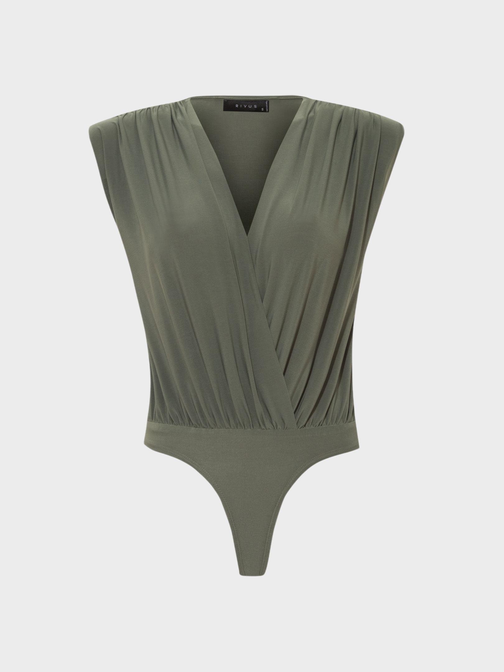 Kadın, Bayan V Yakalı Önü Büzgülü ve Omuzu Vatka Detaylı Body - Haki Body Modelleri