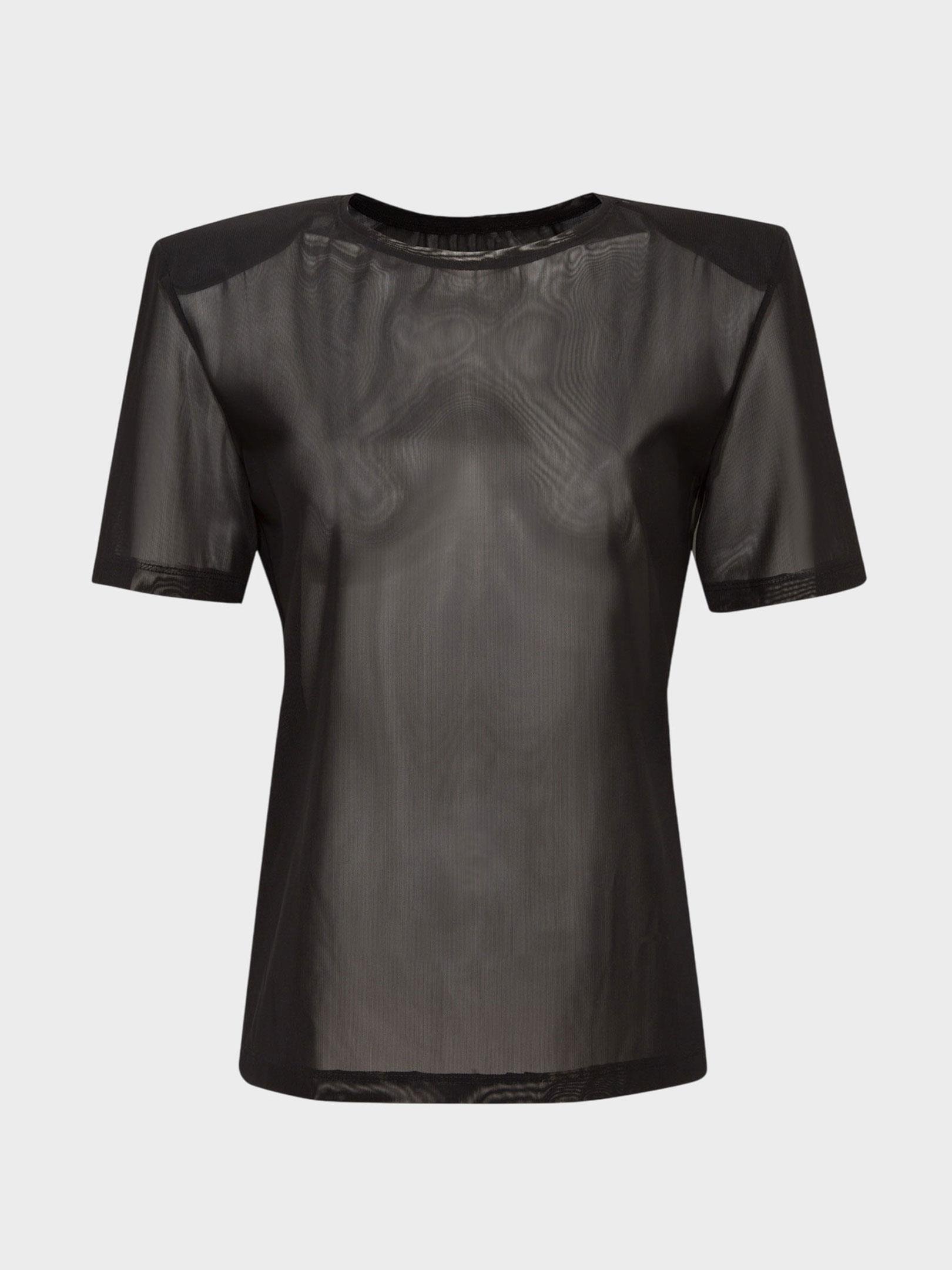 Kadın, Bayan Vatkalı Bisiklet Yaka Tül T-Shirt - Siyah T-shirt Modelleri