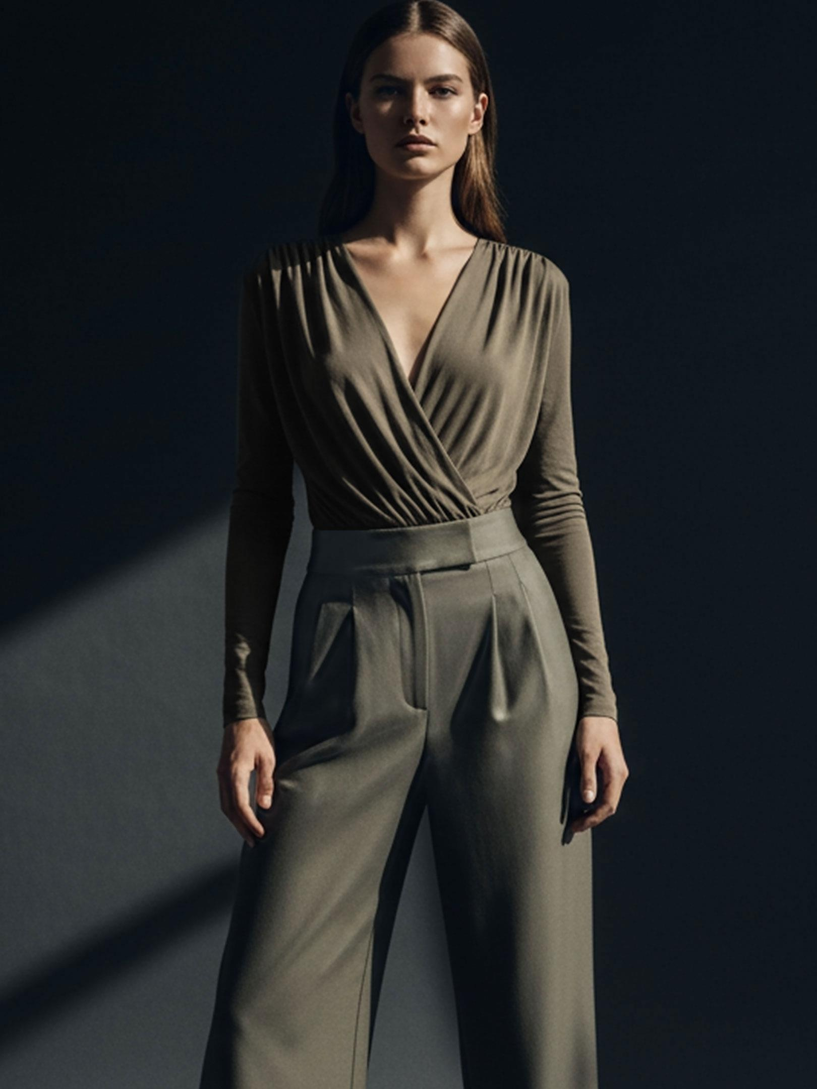 Kadın, Bayan Yüksek Belli Bol Paçalı Maxi Boy Pileli Vegan Deri Pantolon - Haki Vegan Deri Pantolon Modelleri