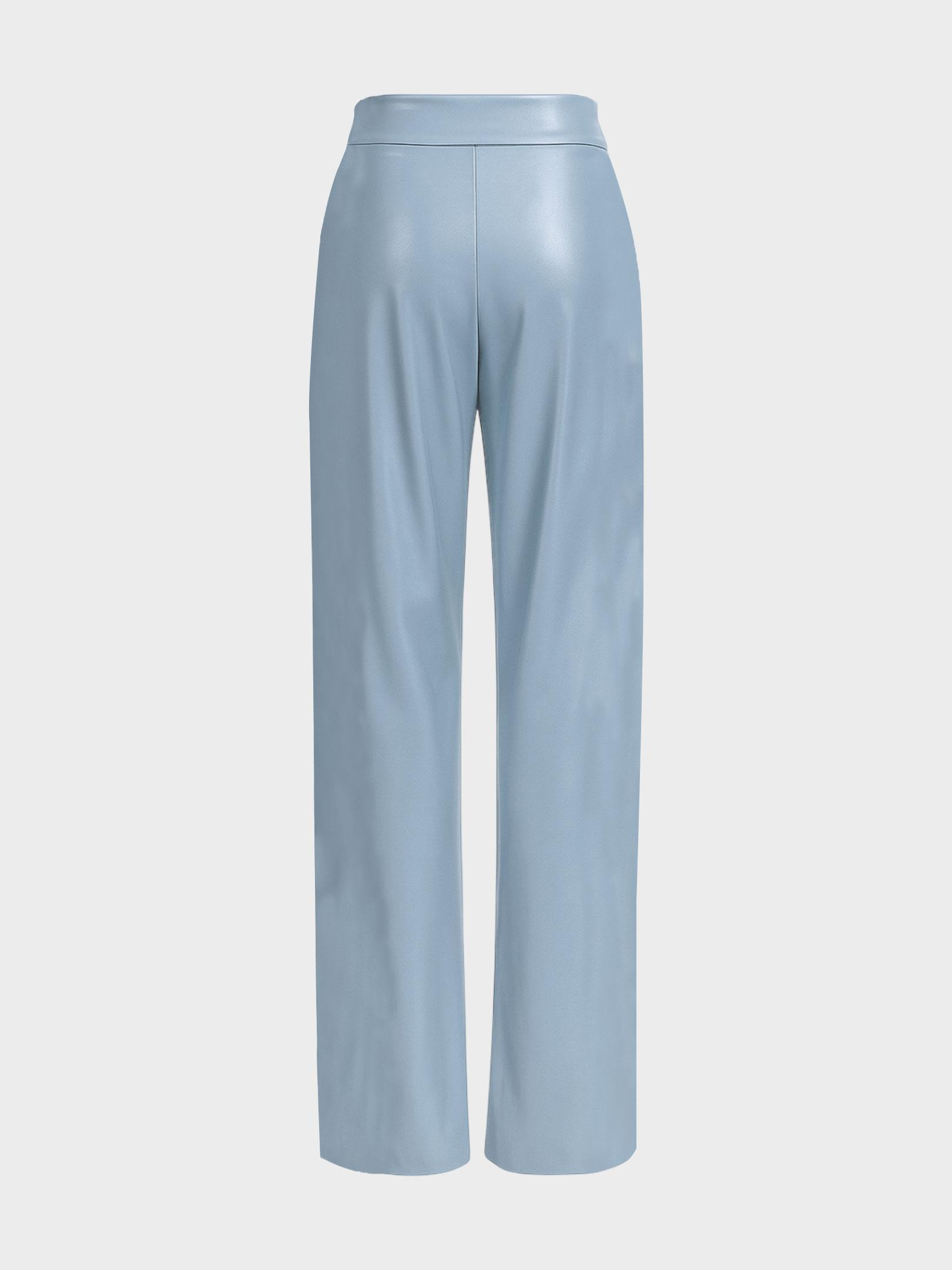 Kadın, Bayan Yüksek Belli Nervür Dikişli Bol Paçalı Maxi Boy Pileli Vegan Deri Pantolon - Mavi Vegan Deri Pantolon Modelleri