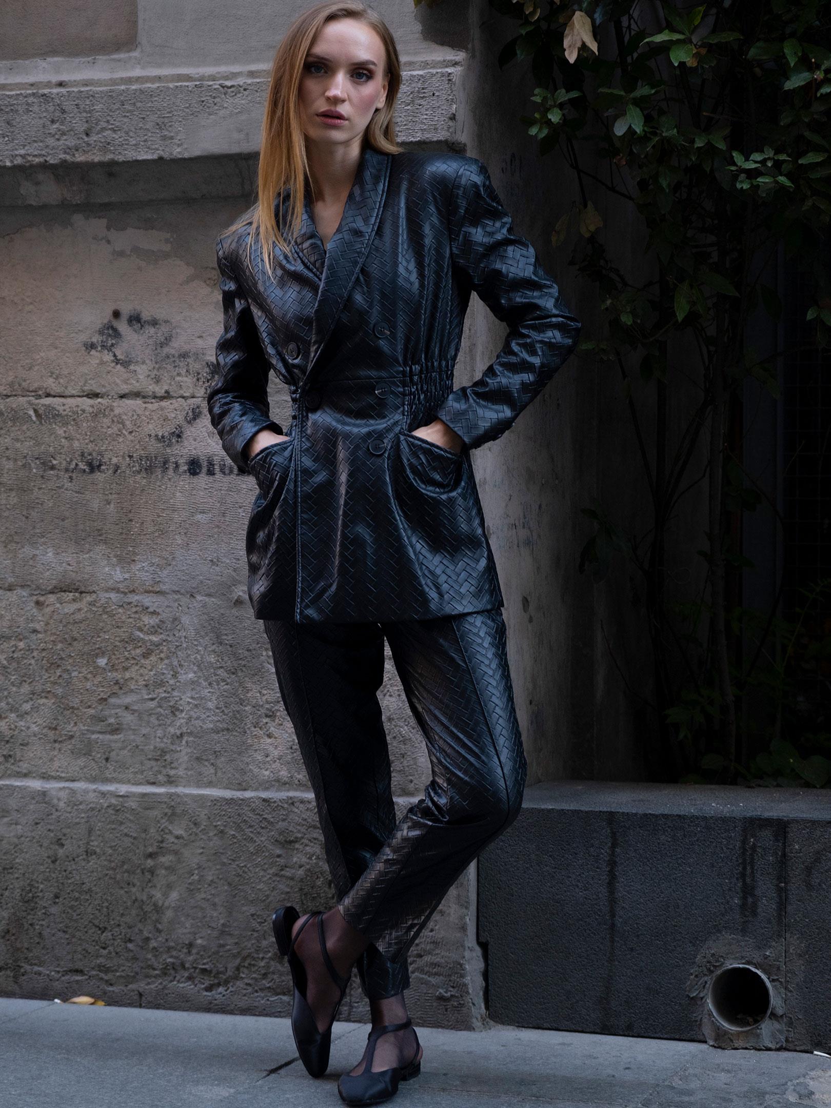 Kadın, Bayan Yüksek Belli Nervür Dikişli Sigara Paça Vegan Örgü Deri Pantolon - Siyah Vegan Deri Pantolon Modelleri