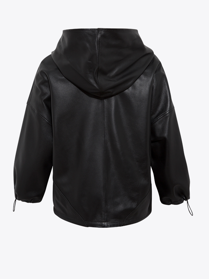 Kapüşonlu Deri Sweatshirt - Siyah