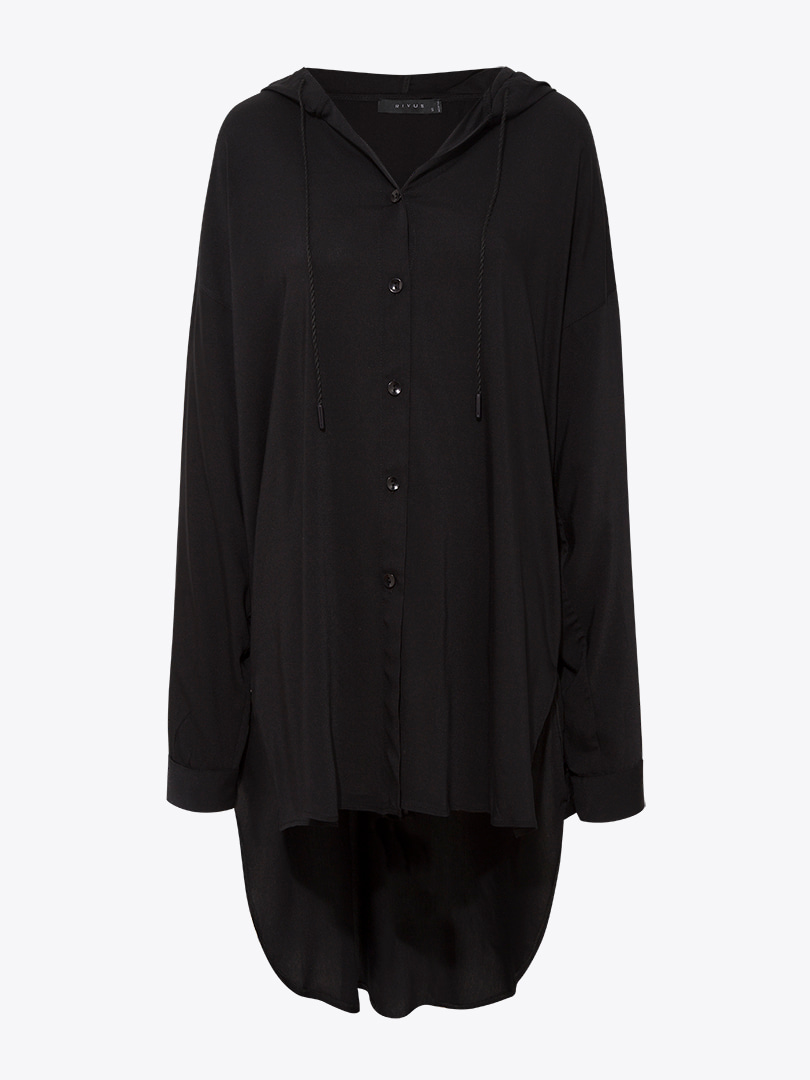 Kapüşonlu Oversize Gömlek - Siyah