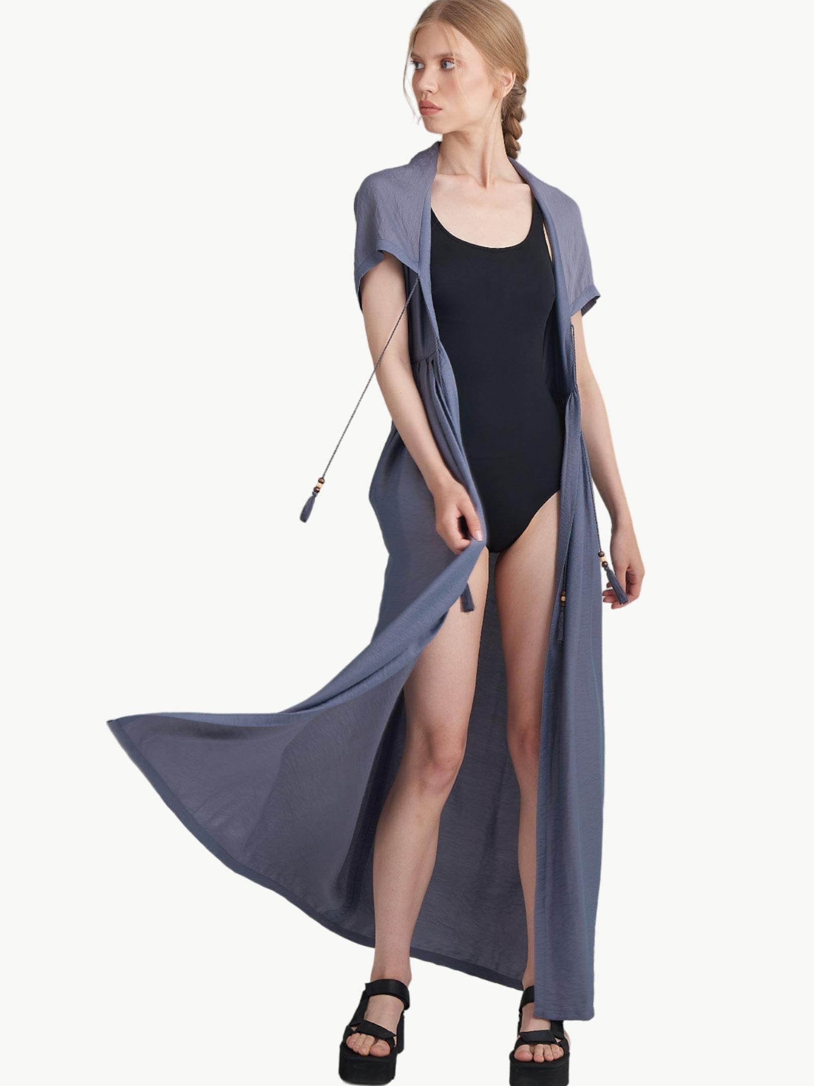 Kapüşonlu Uzun Kimono - Antrasit Kimono & Pareo Modelleri