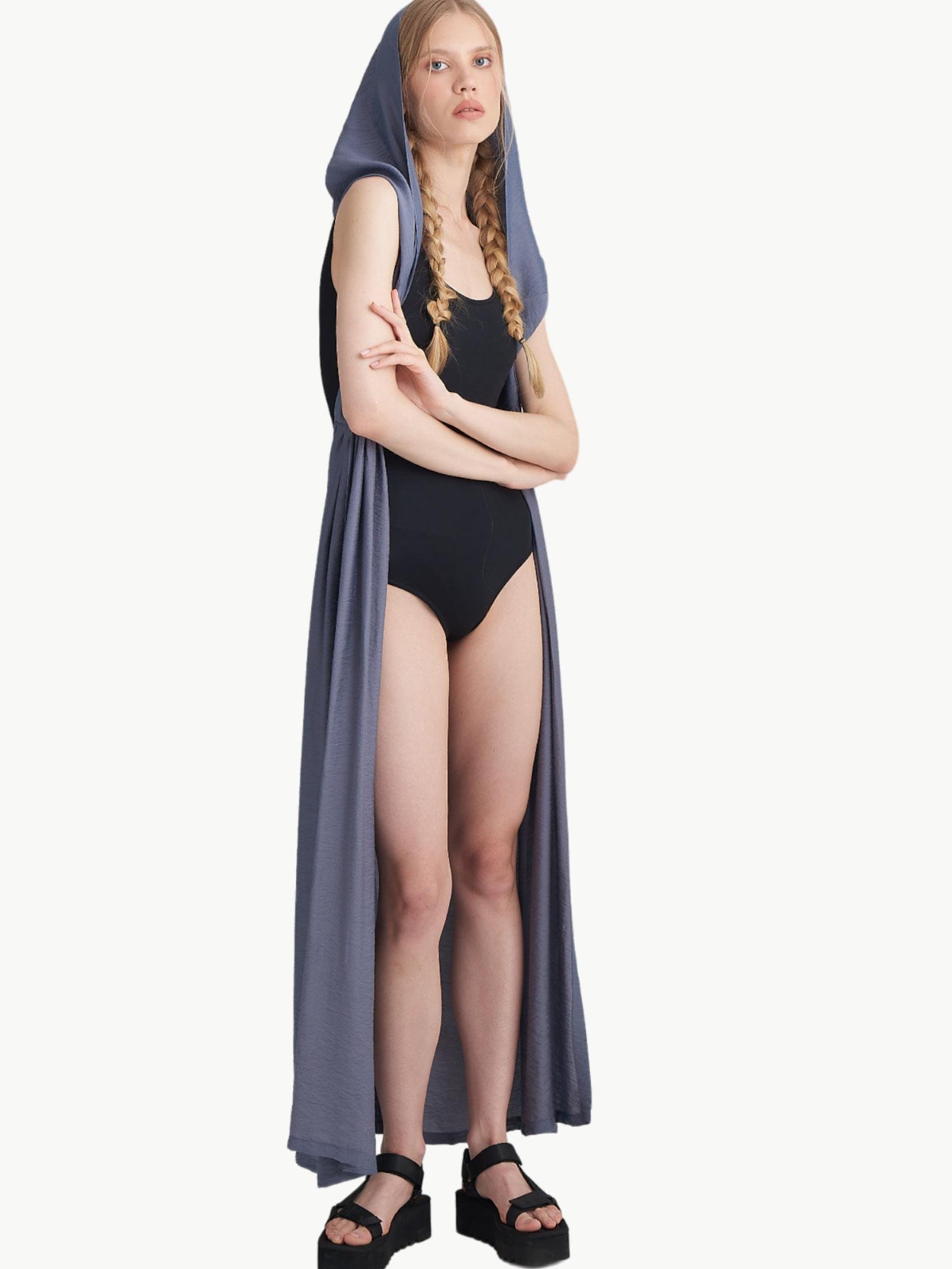 Kapüşonlu Uzun Kimono - Antrasit Kimono & Pareo Modelleri