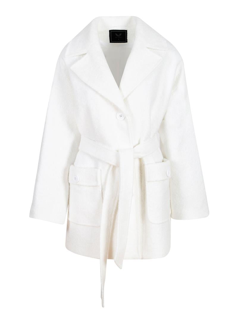 Kar Beyaz Kaşe Kuşaklı Kaban - Beyaz