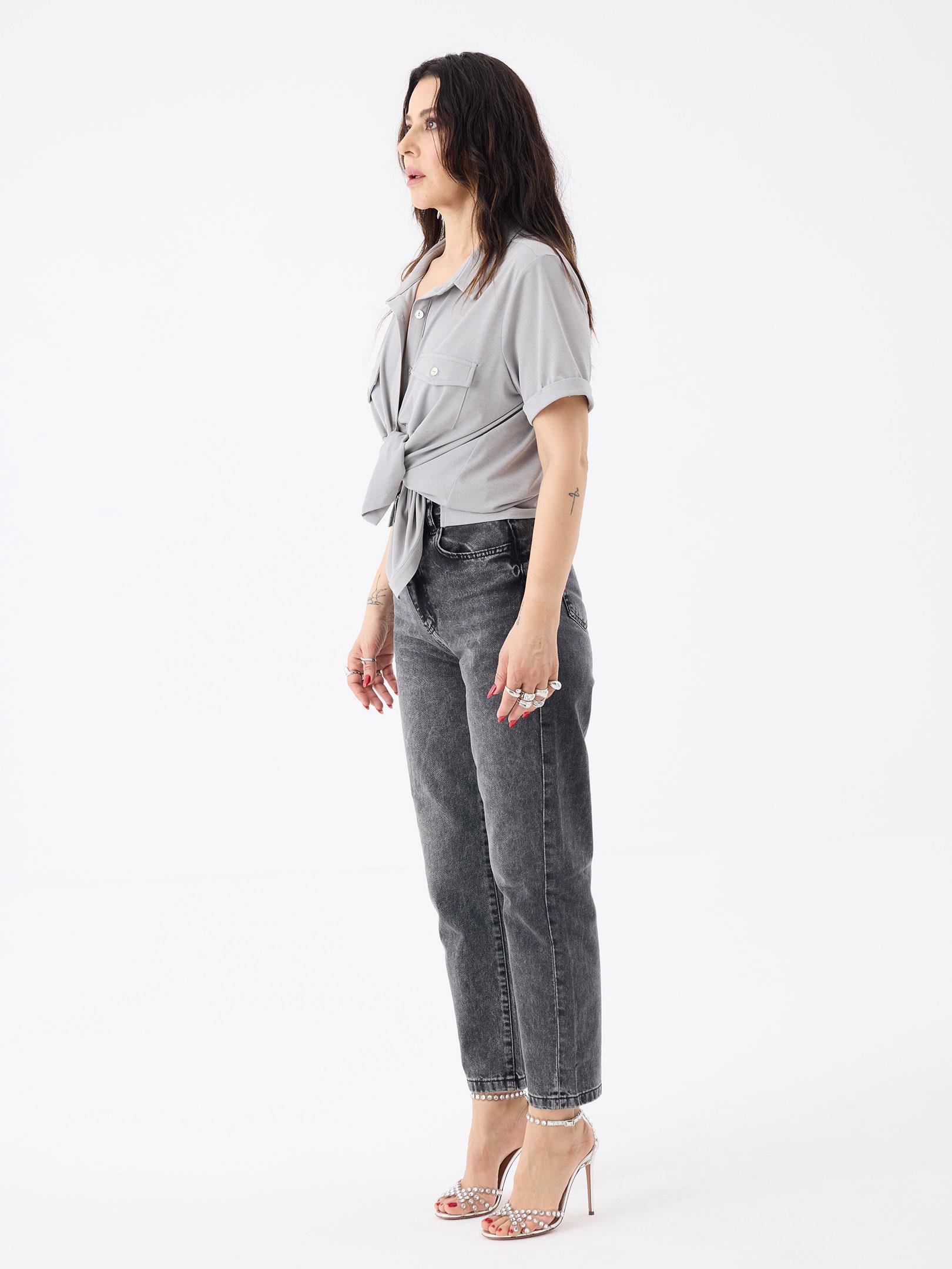 Kısa Kol Cep Detaylı Salaş Gömlek - Gri Gömlek Modelleri