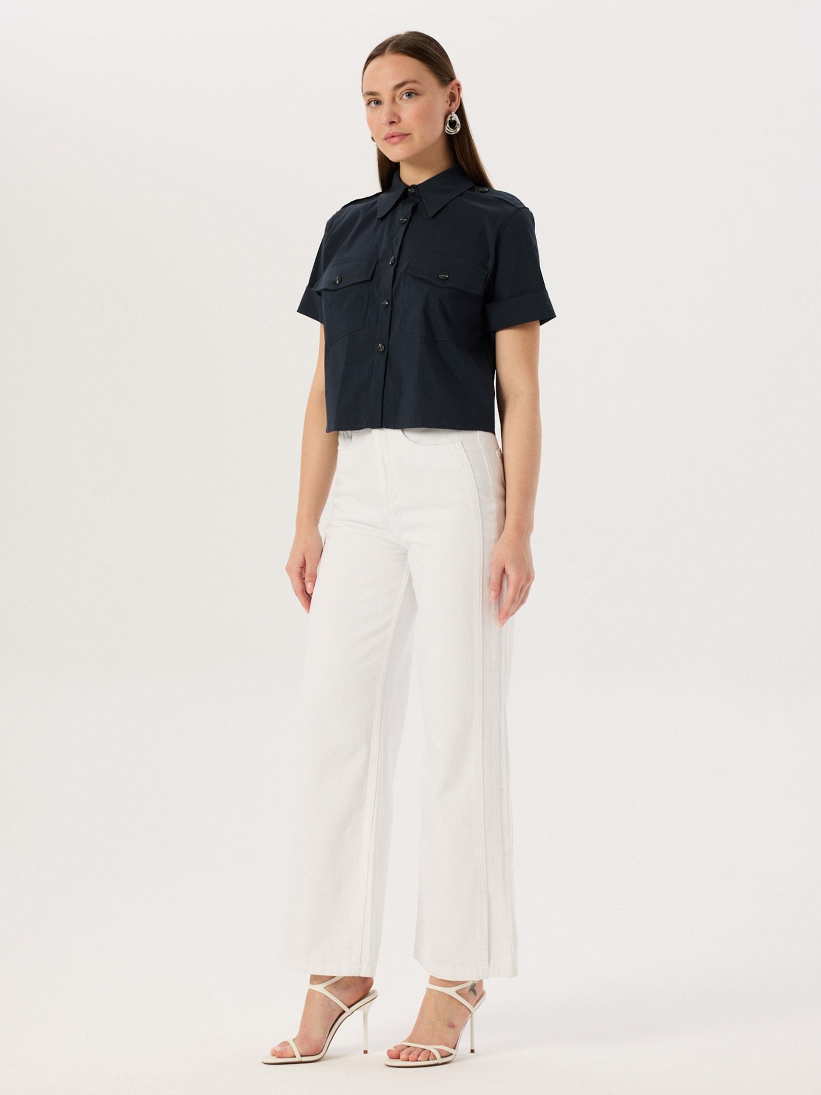 Kısa Kol Düğme Detaylı Gömlek - Lacivert Gömlek Modelleri