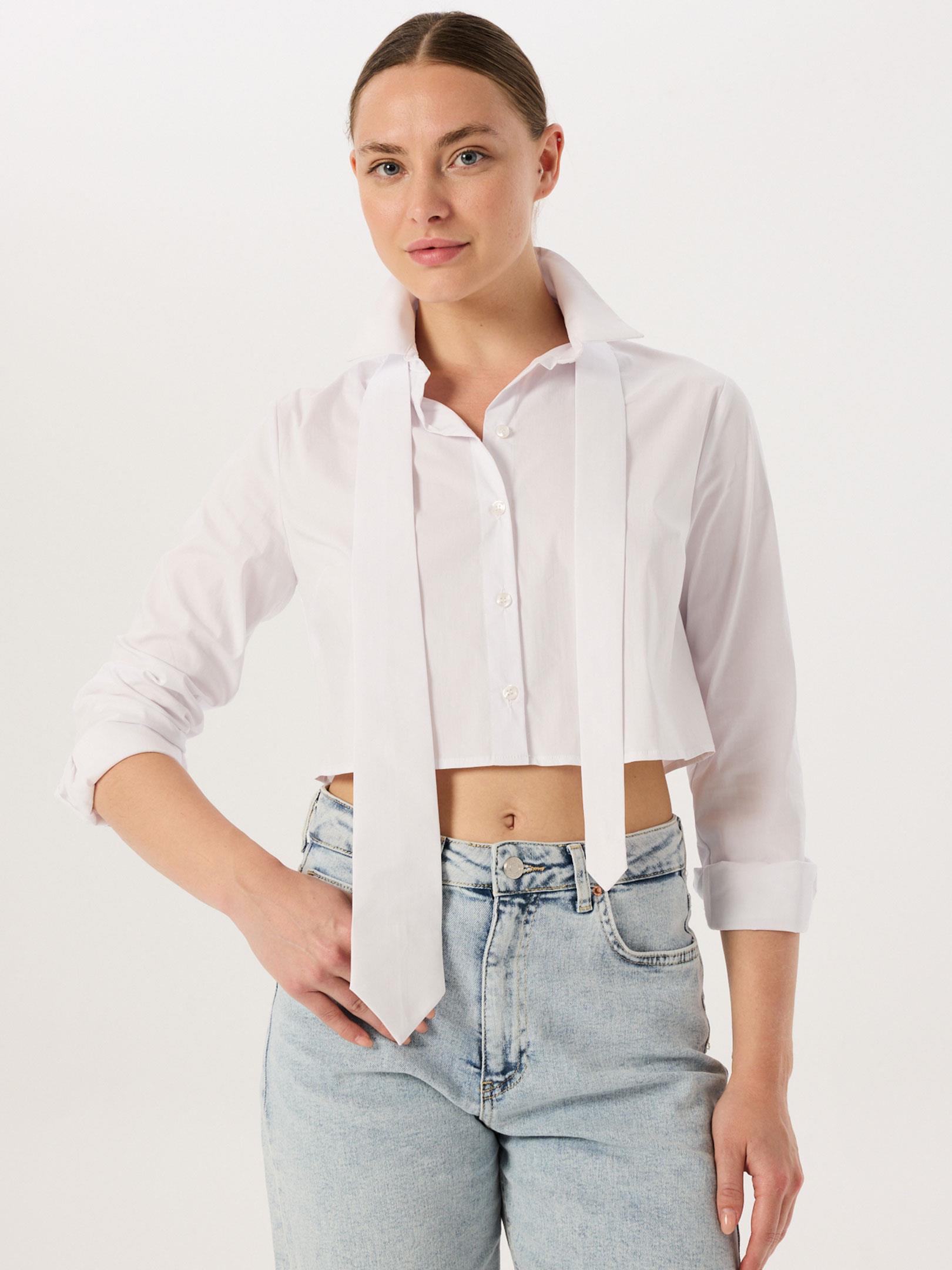 Kravat Aksesuarlı Kısa Koton Gömlek - Beyaz Gömlek Modelleri