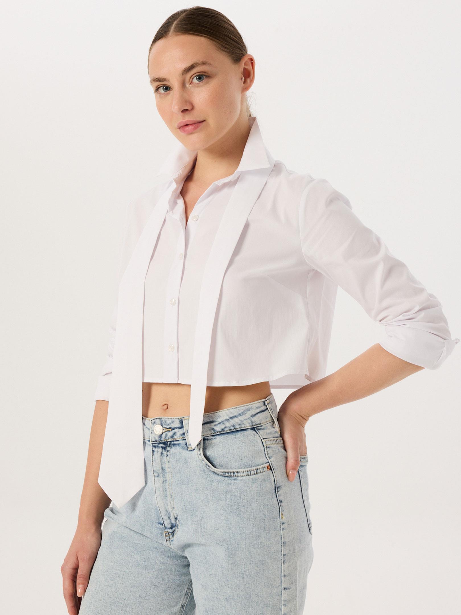 Kravat Aksesuarlı Kısa Koton Gömlek - Beyaz Gömlek Modelleri