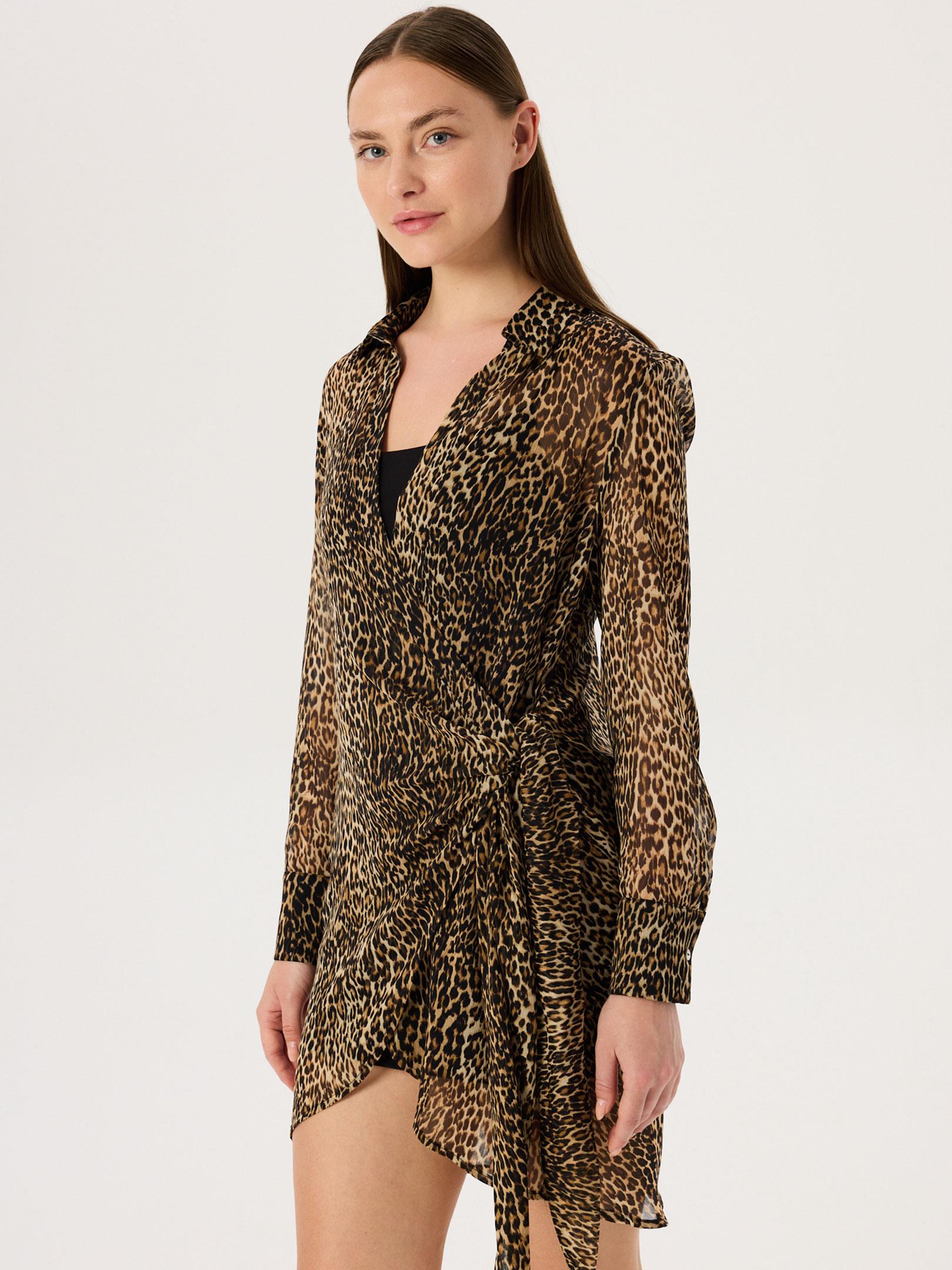 Leopar Desenli Bağlama Detaylı Şifon Elbise - Leopar Elbise Modelleri