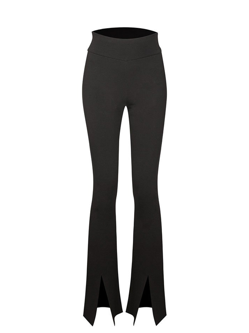 Önden Yırtmaçlı  İspanyol Paça Maksi Triko Pantolon - Siyah