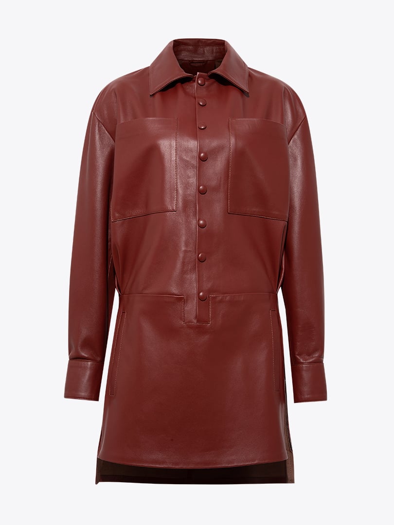 Önü Çıtçıt Patlı Deri Elbise - Bordo