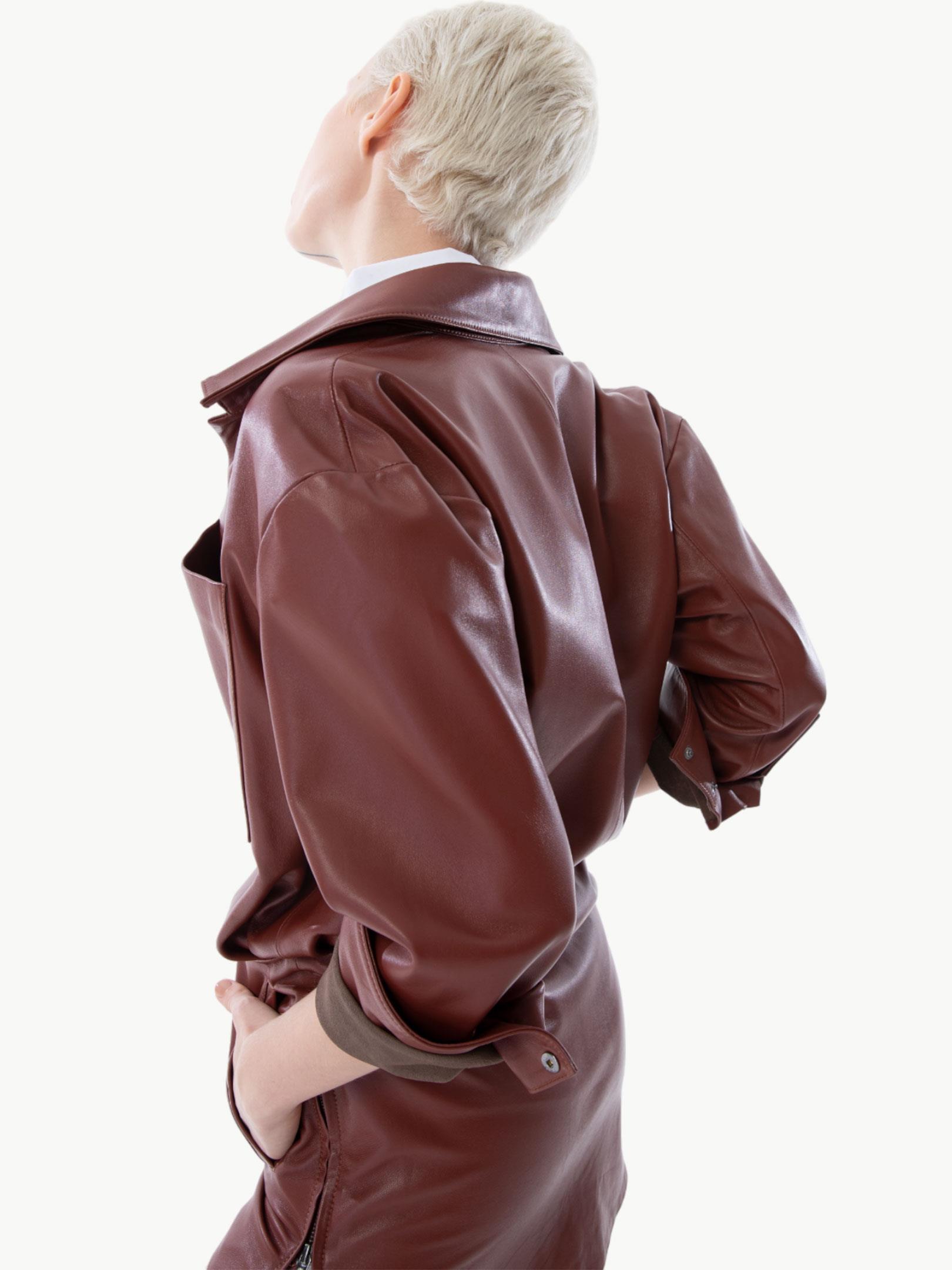 Önü Çıtçıt Patlı Deri Elbise - Bordo Deri Elbise Modelleri