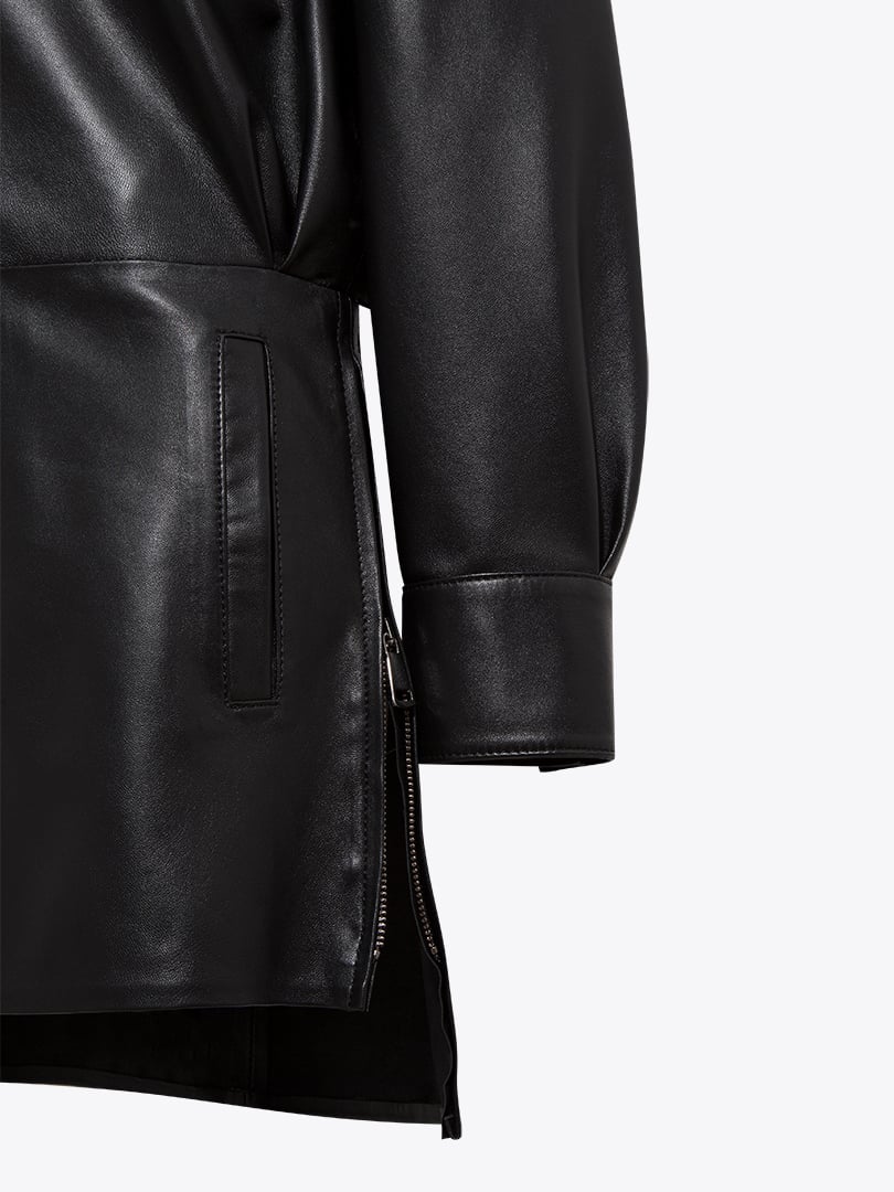 Önü Çıtçıt Patlı Deri Elbise - Siyah