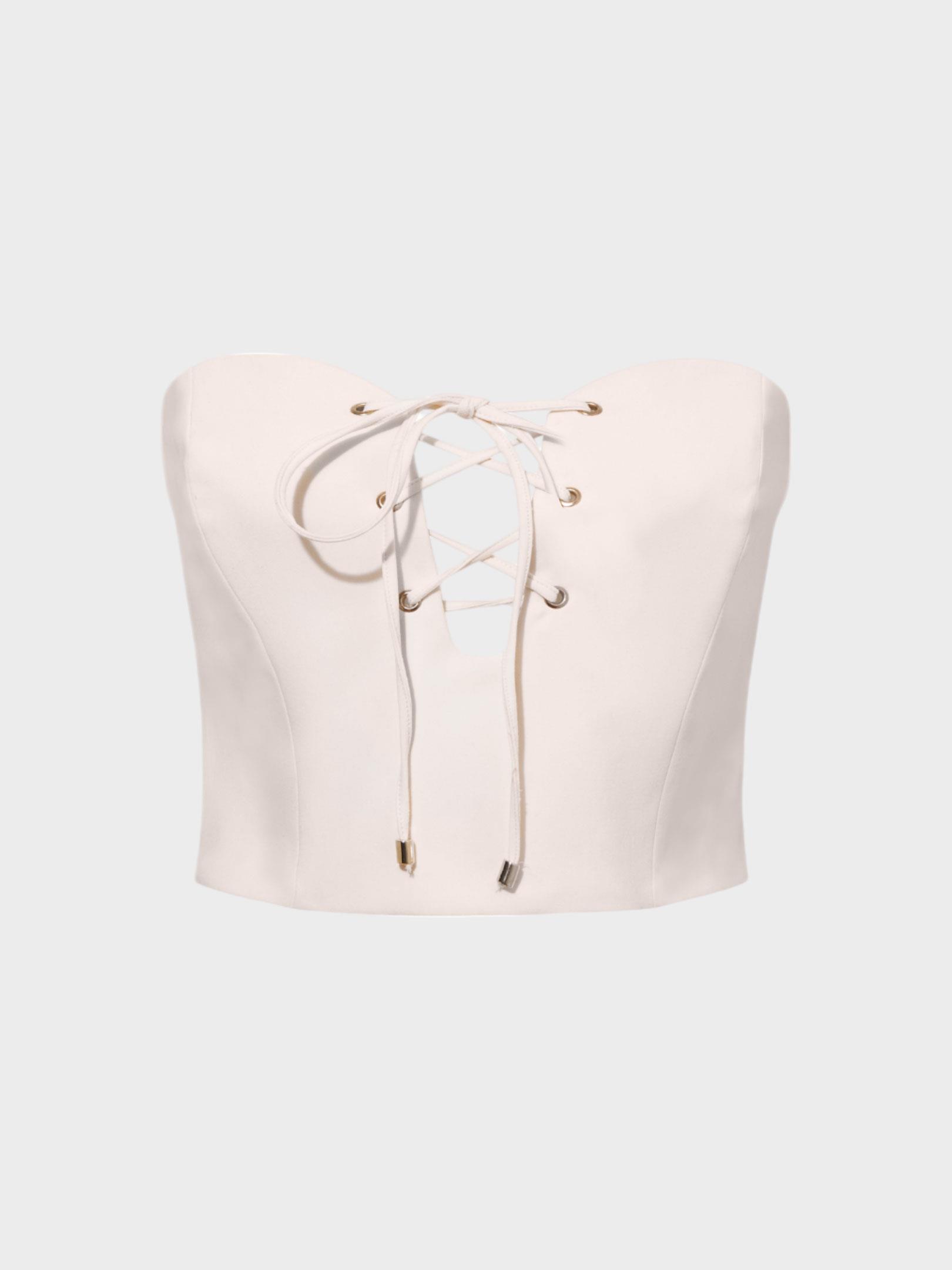 Önü Dekolteli Bağcıklı Kalp Yaka Straplez Kesim Şık Büstiyer - Ekru Bluz Modelleri