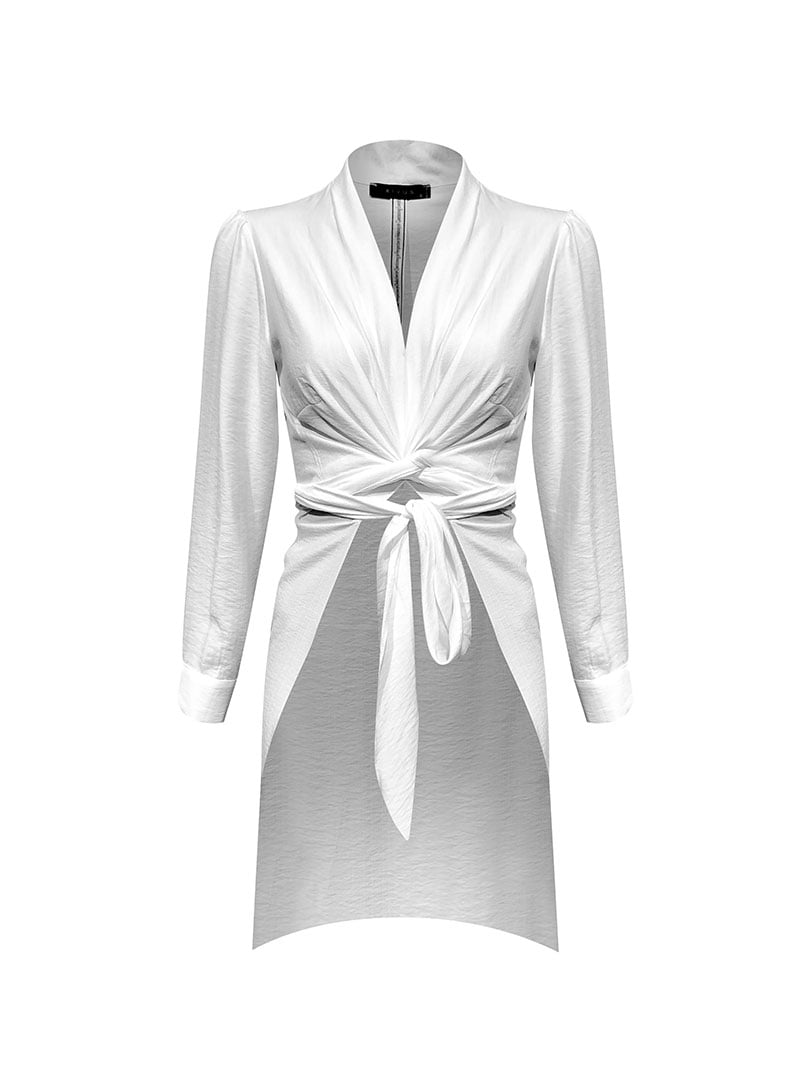 Önü Kısa Arkası Uzun Anvelop Bağlamalı Bluz-Robe - Ekru